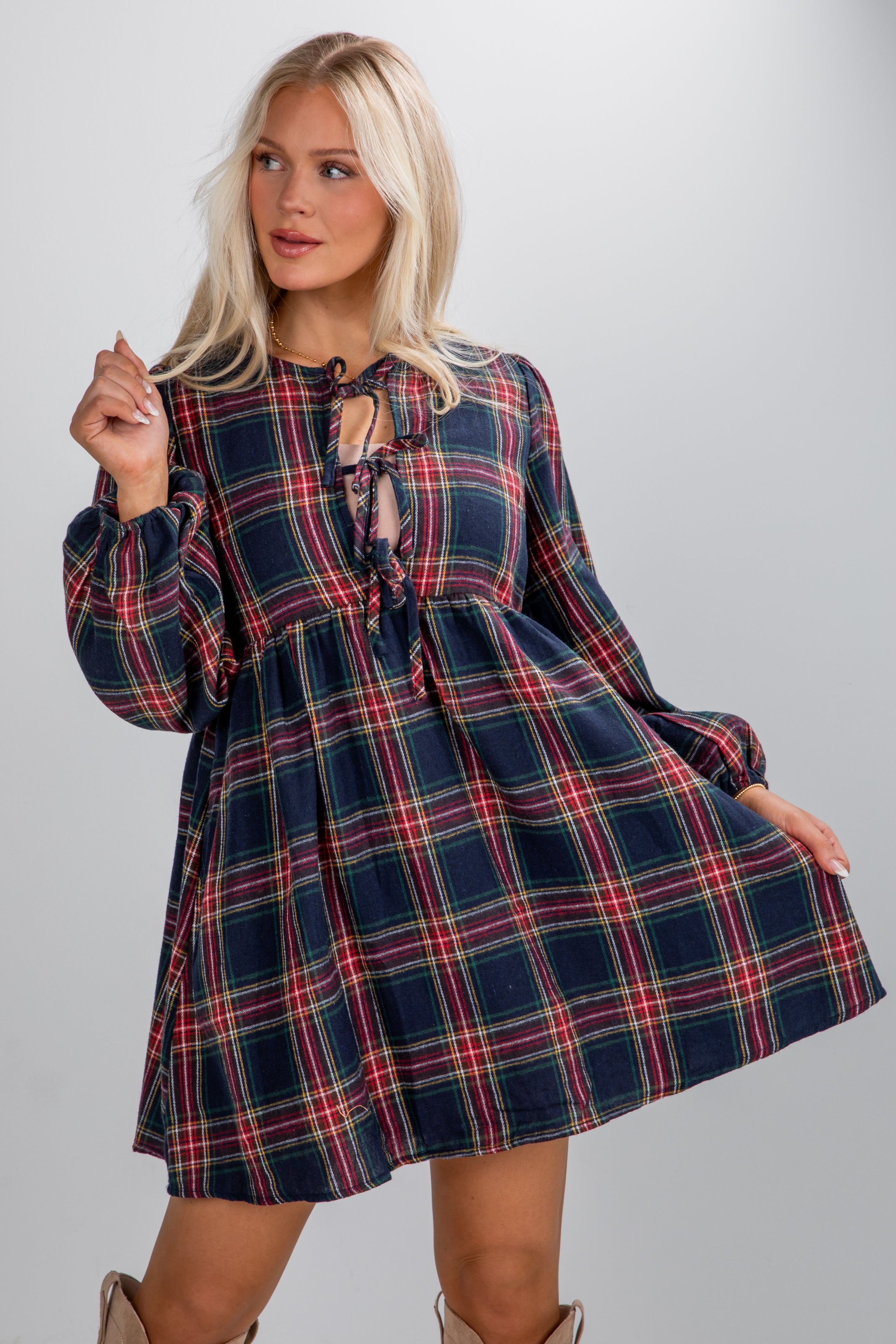Very Merry Moments Plaid Babydoll Mini Dress