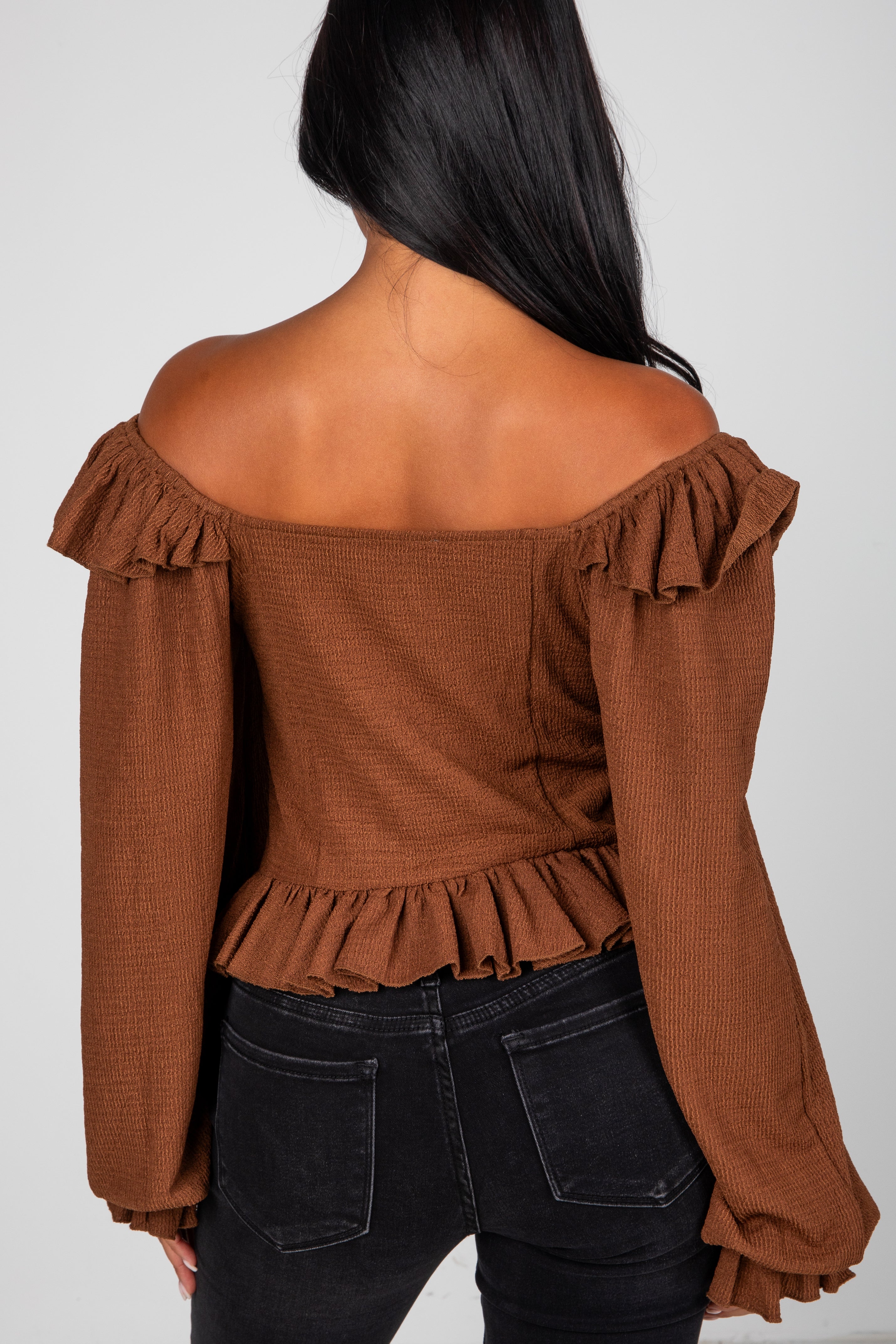 Share Your Story Brown Ruffle Blouse