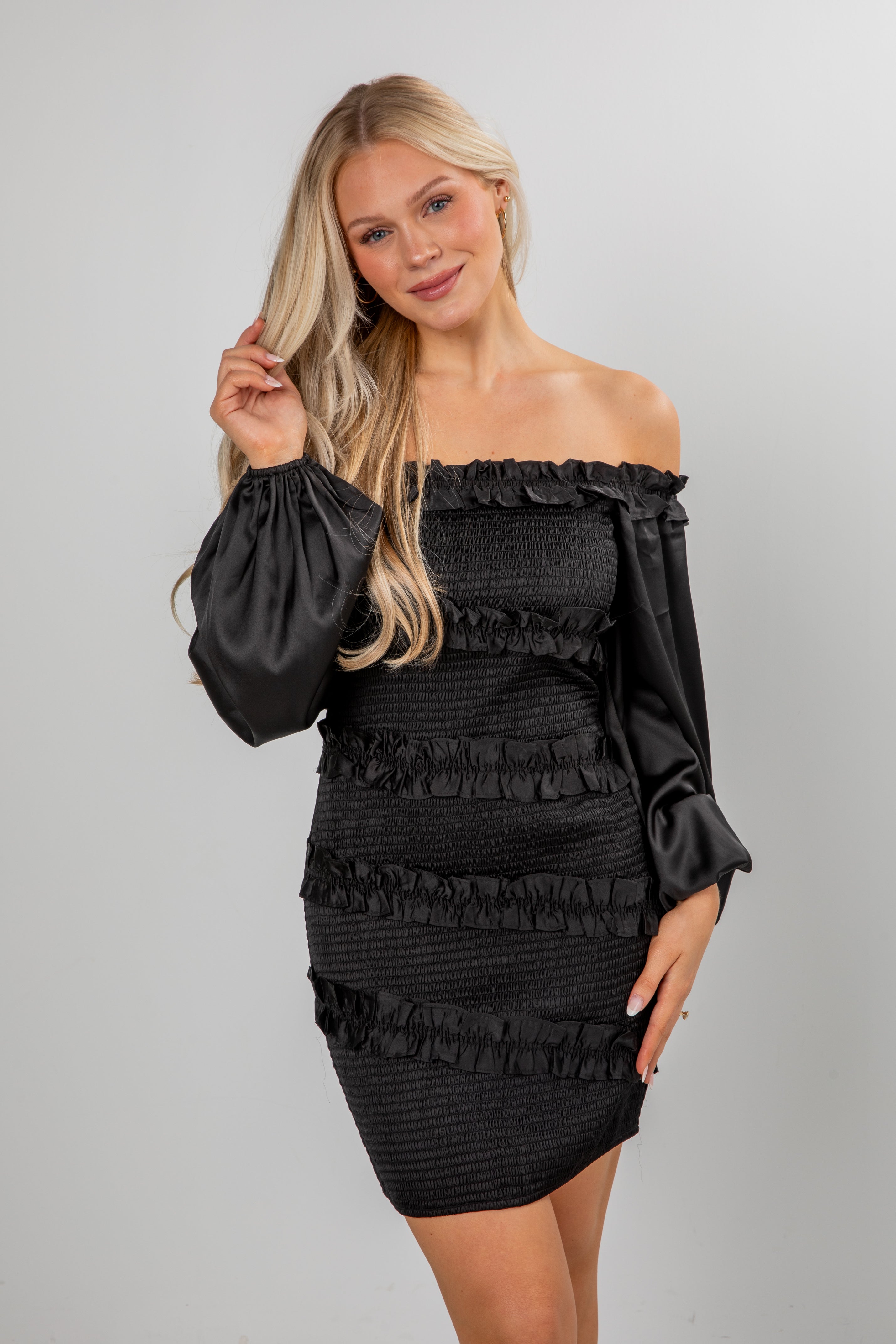 Dramatic Instincts Black Satin Smocked Ruffle Mini Dress