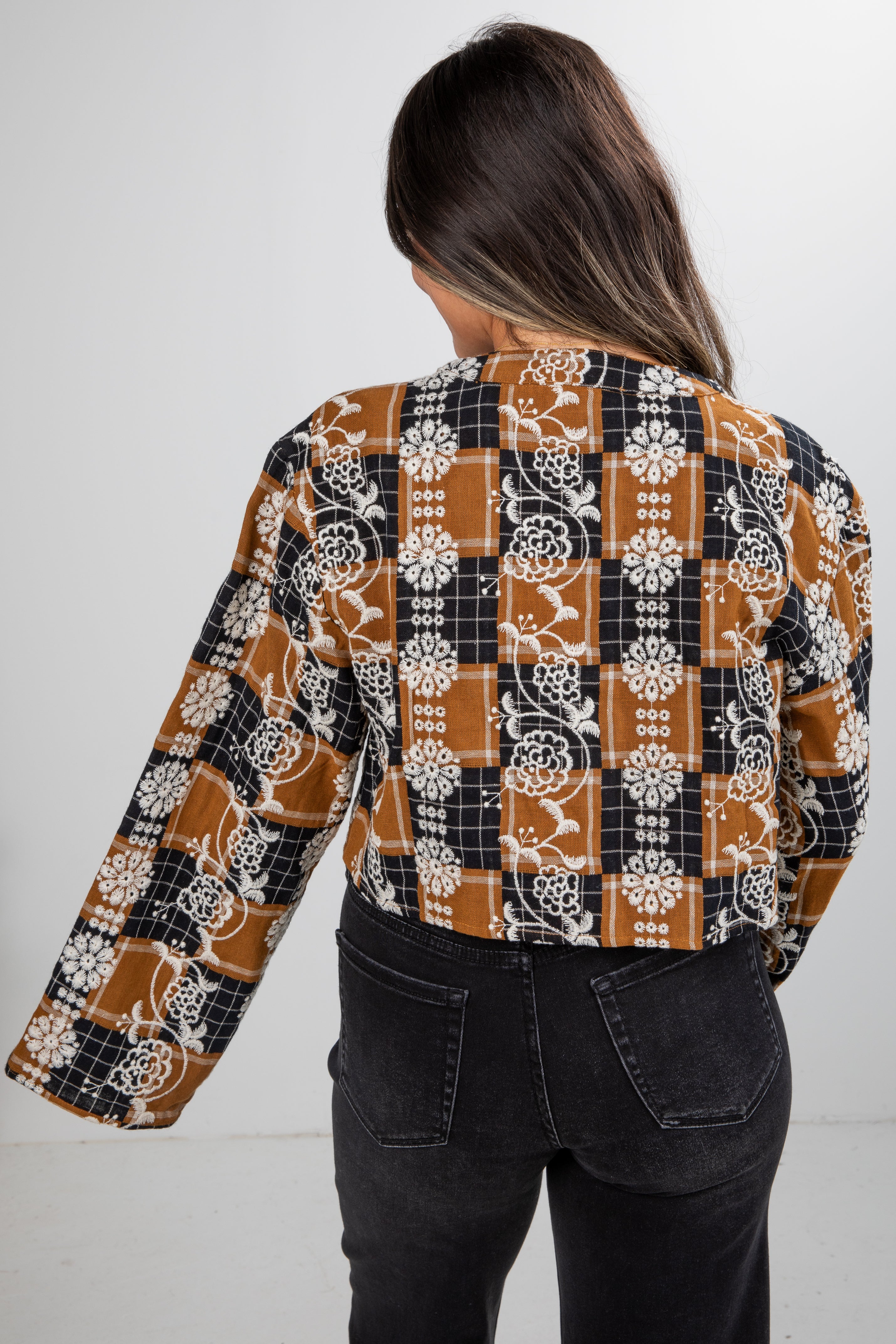 Wonderful Times Black Plaid Embroidered Tie Blouse