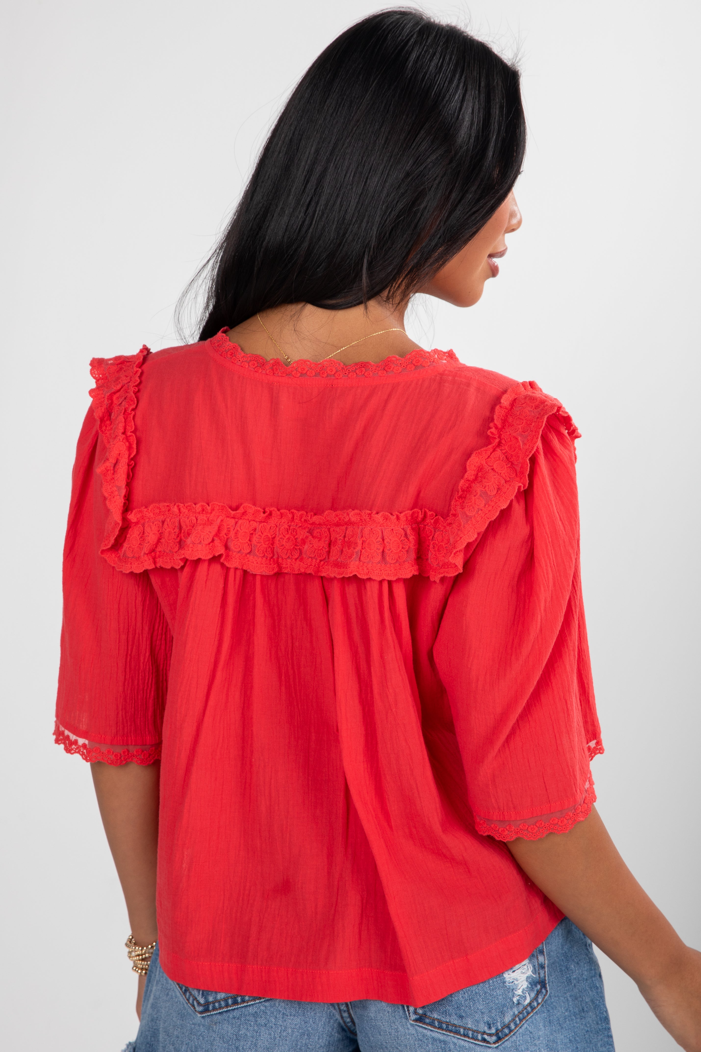 Gracefully As She Goes Red Lace Blouse