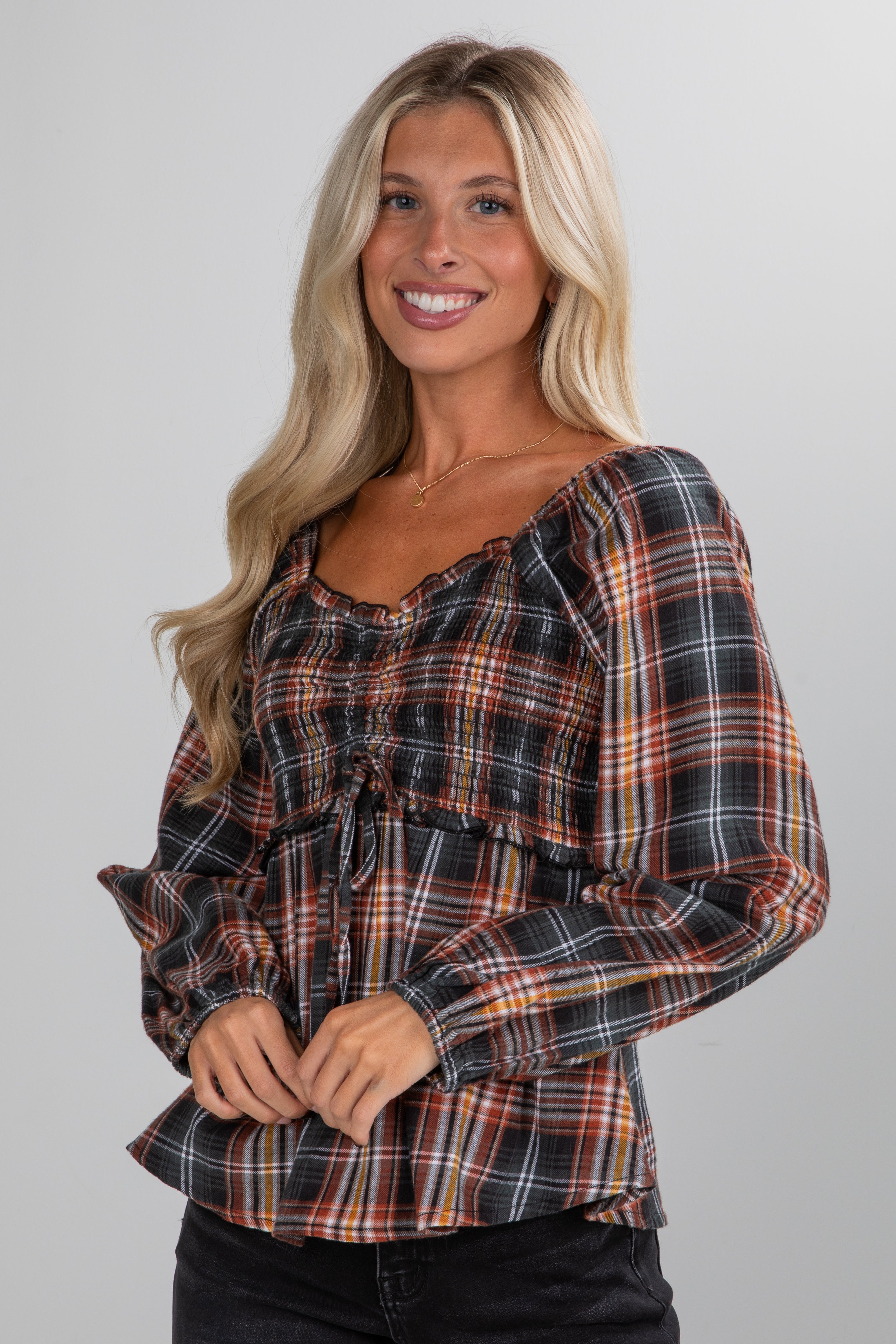 So Authentic Olive Plaid Smocked Blouse