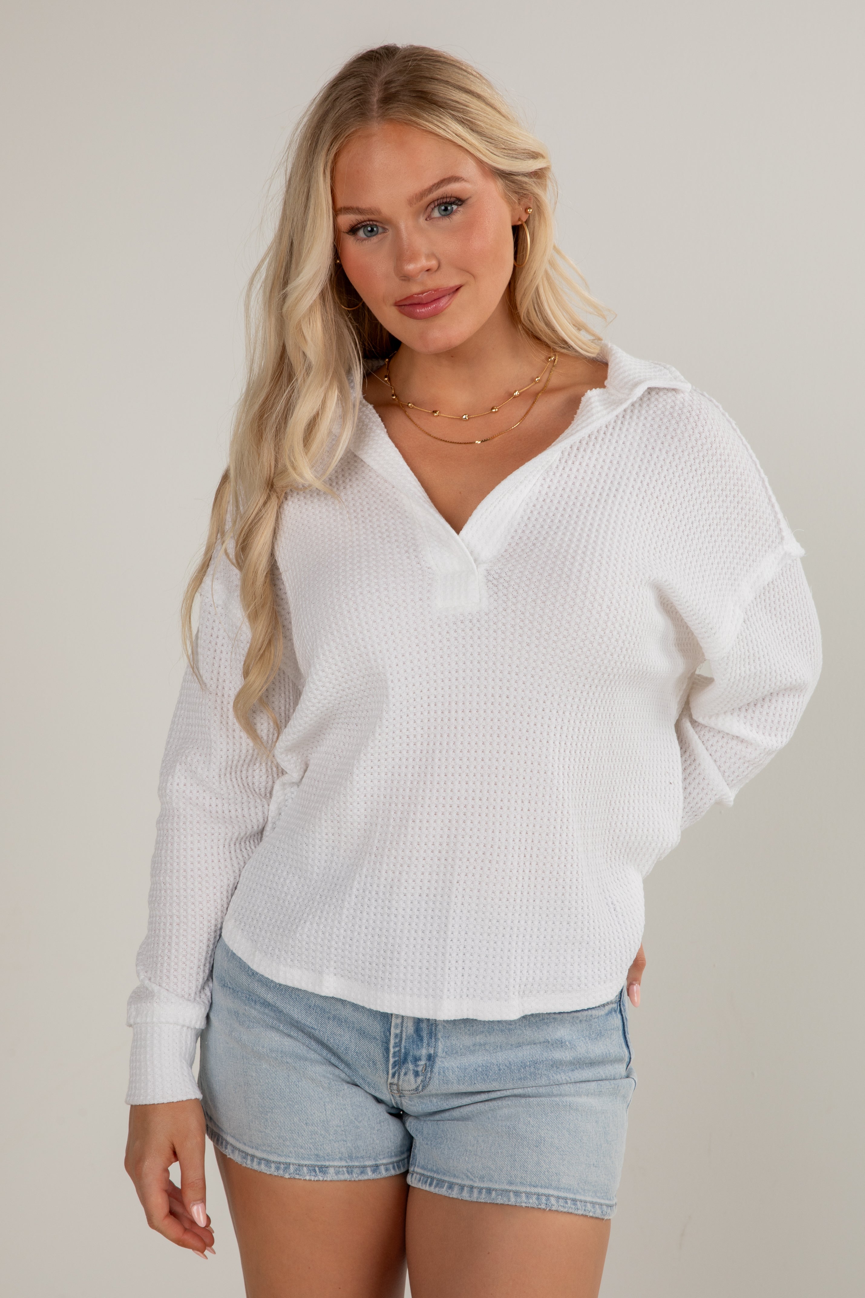 Casual Coziness Collared Waffle Knit Top
