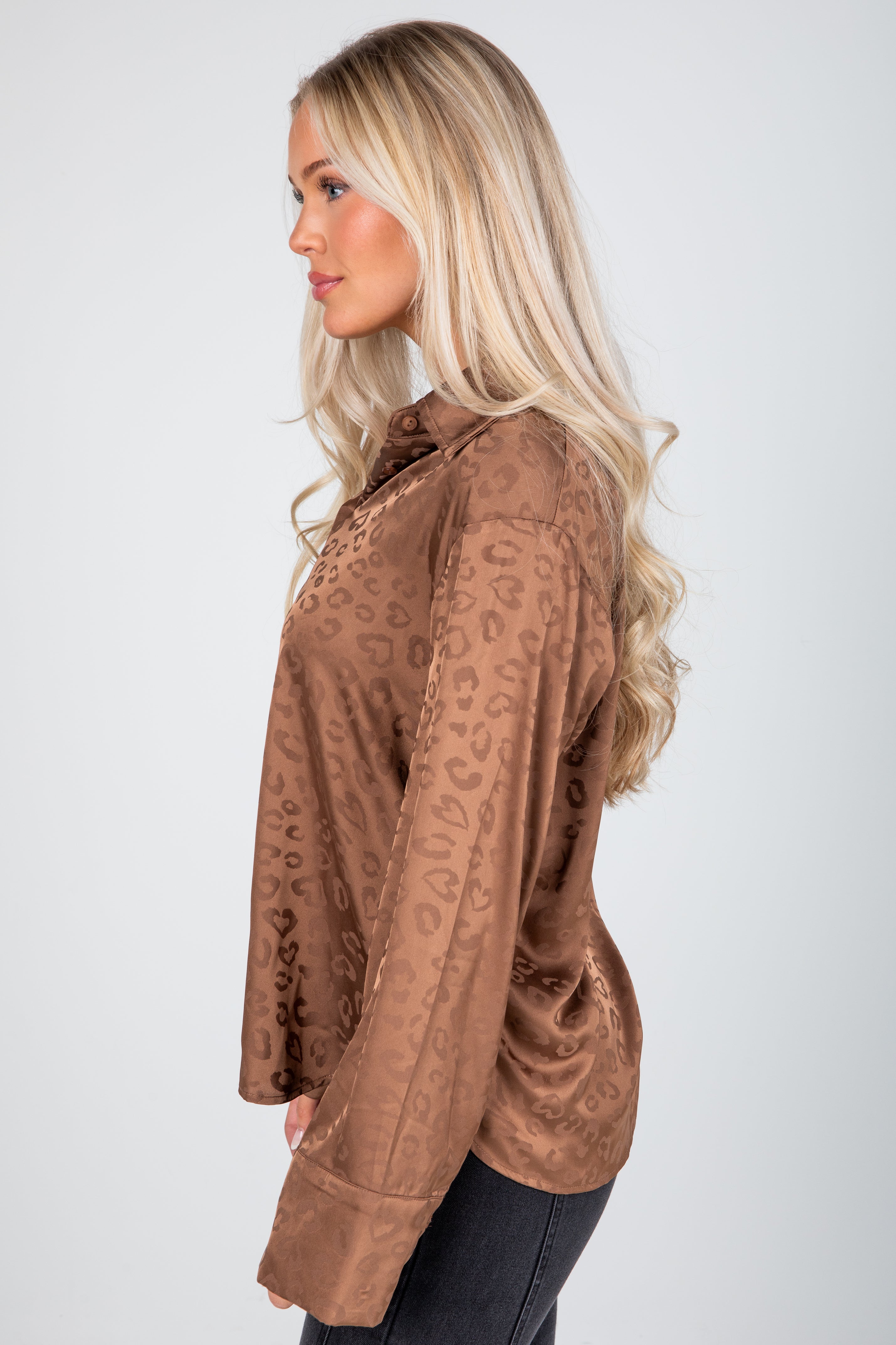 Wild And Free Brown Satin Leopard Button-Up Blouse