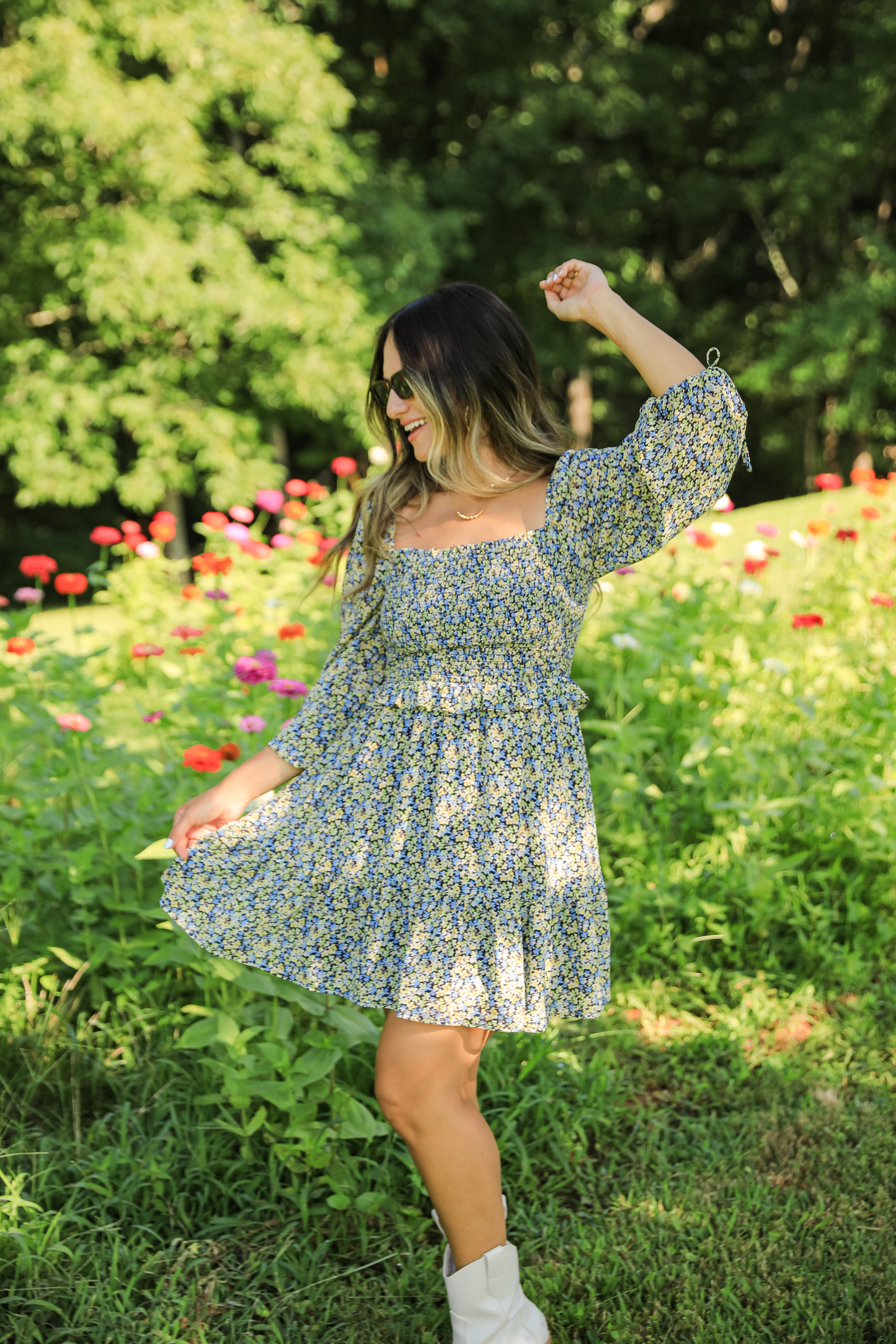 Feel The Breeze Navy Floral Smocked Mini Dress