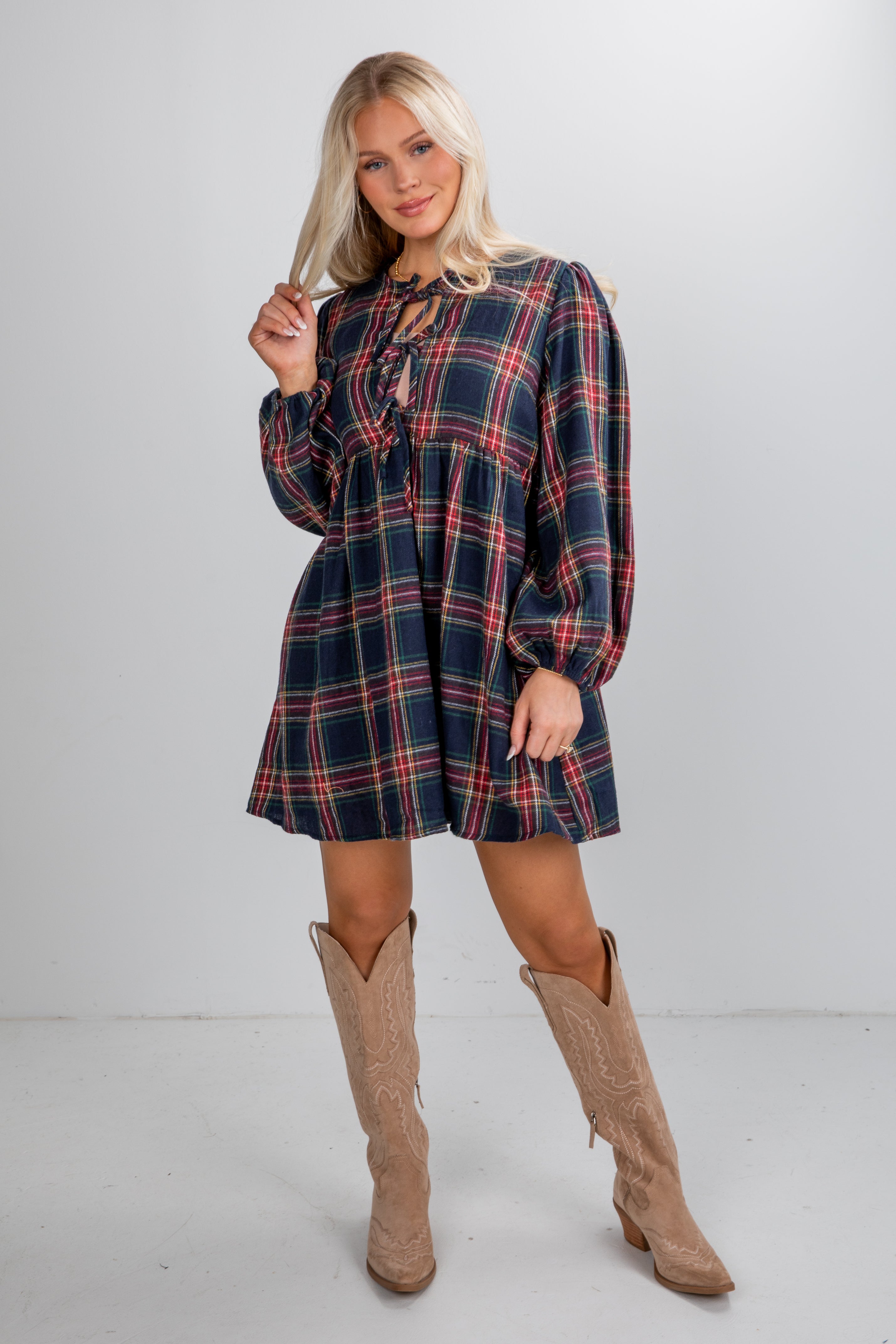 Very Merry Moments Plaid Babydoll Mini Dress