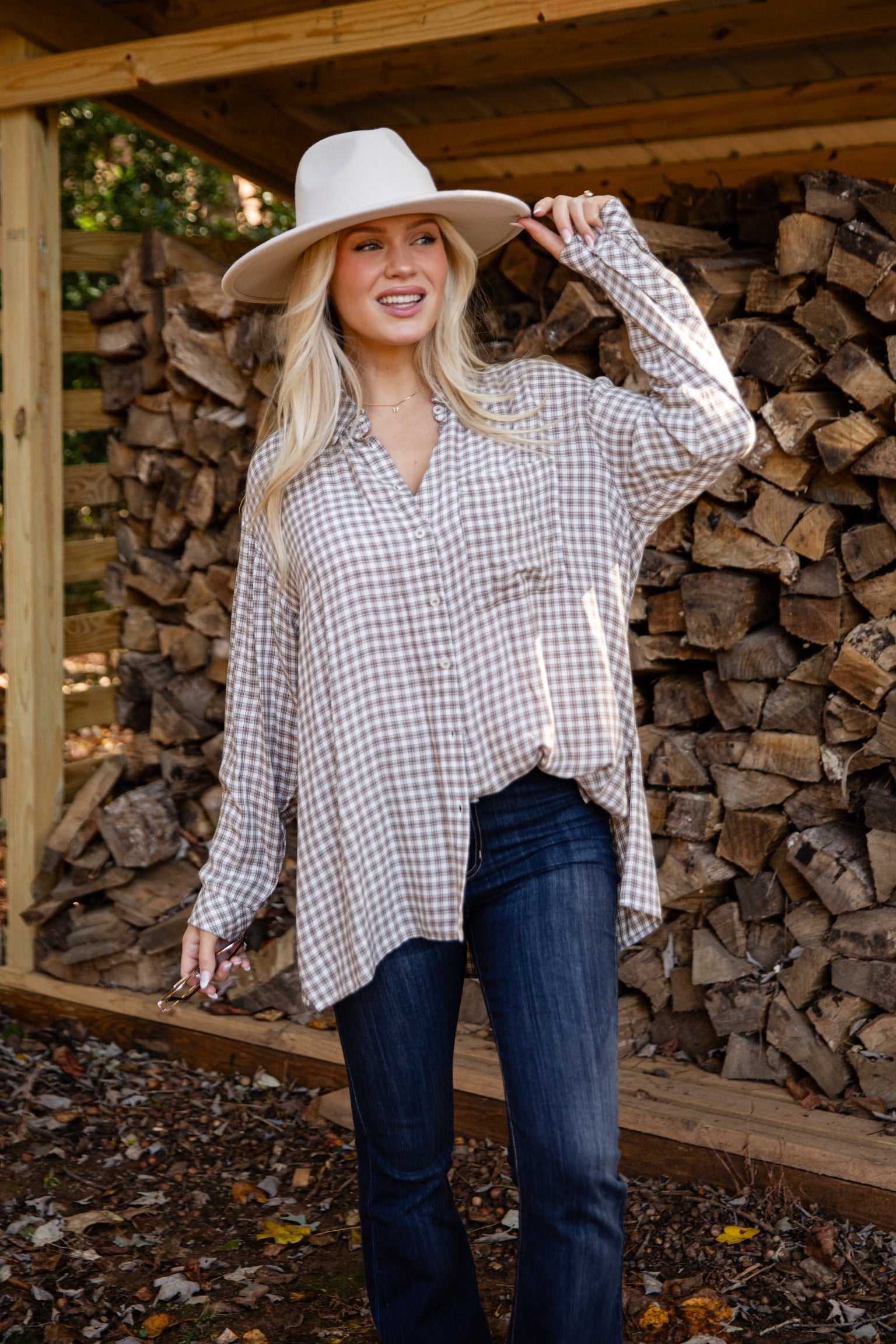 Superbly Stunning Taupe Plaid Button-Up Blouse