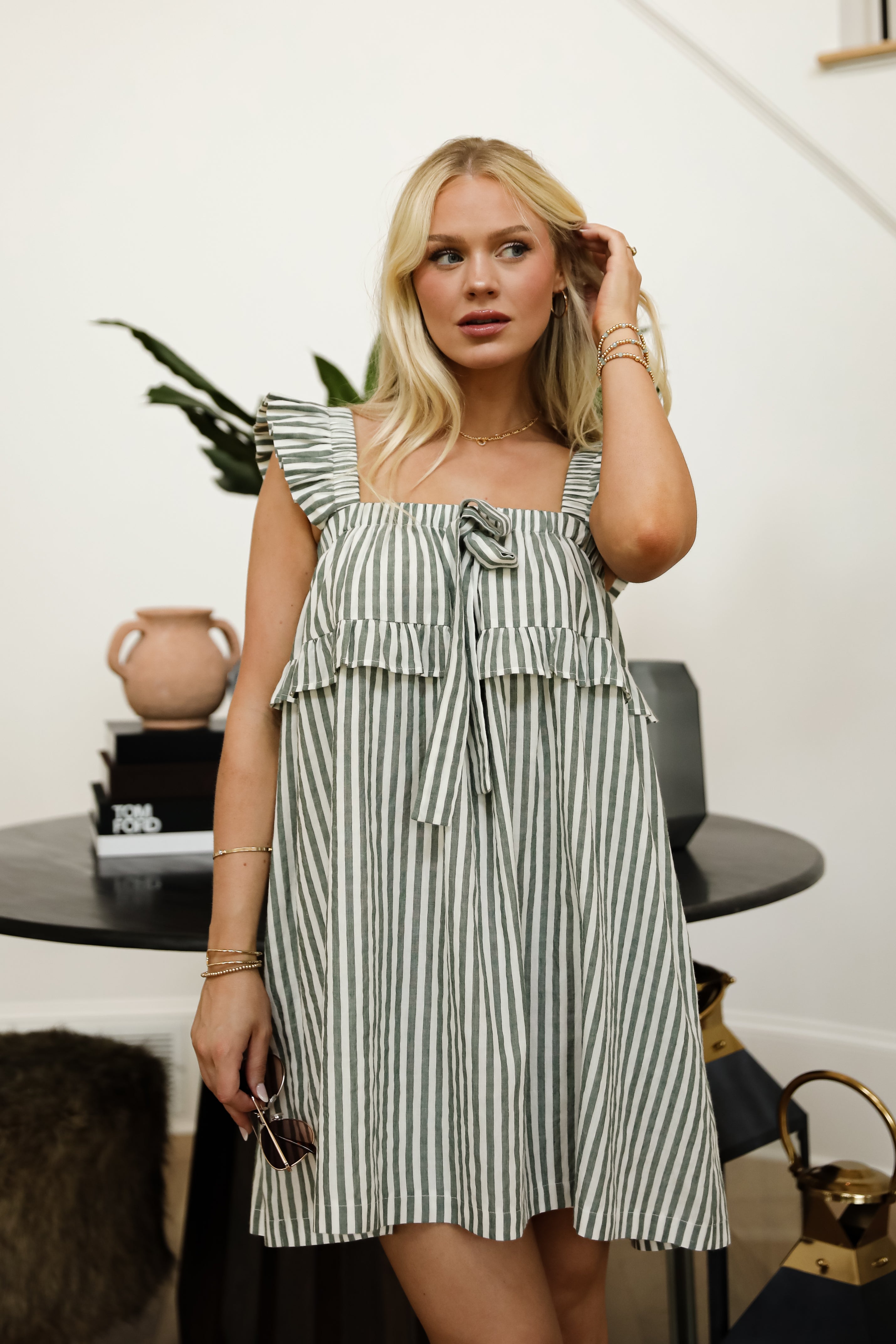 Take The Hint Green Striped Mini Dress