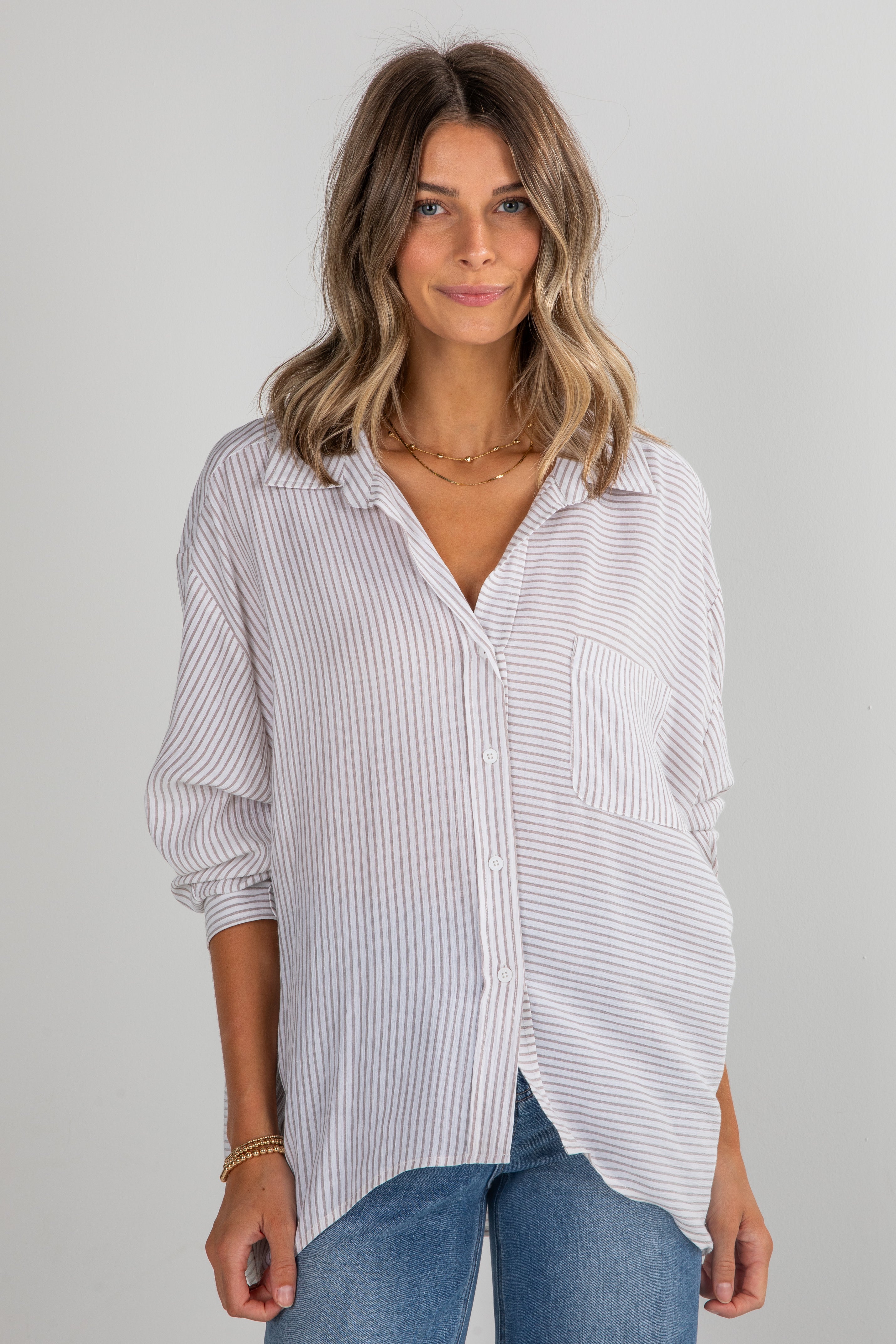 This Is The Day Off White Striped Button-Up Blouse