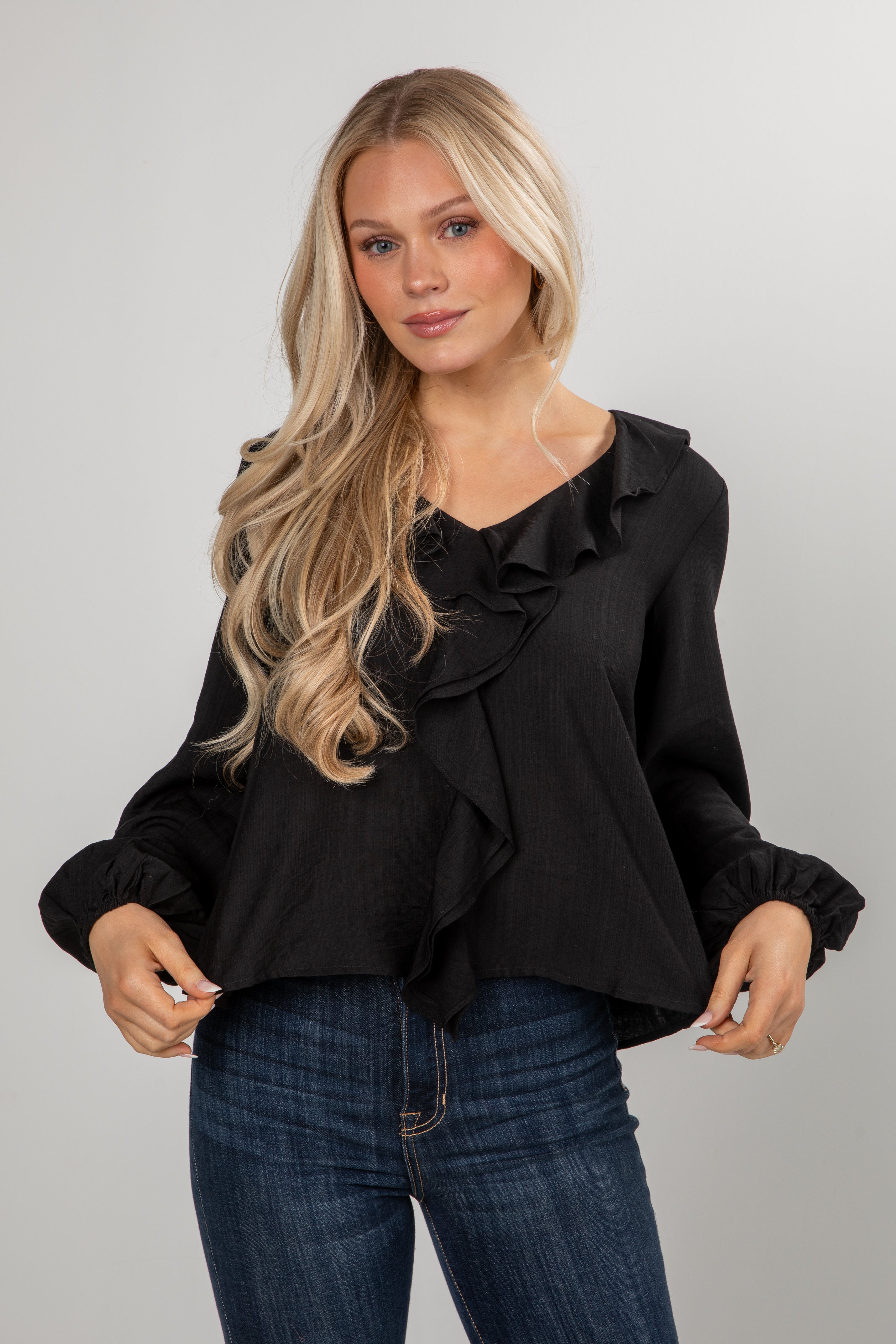 Midnight Waltz Ruffle Black Blouse - DU Deal