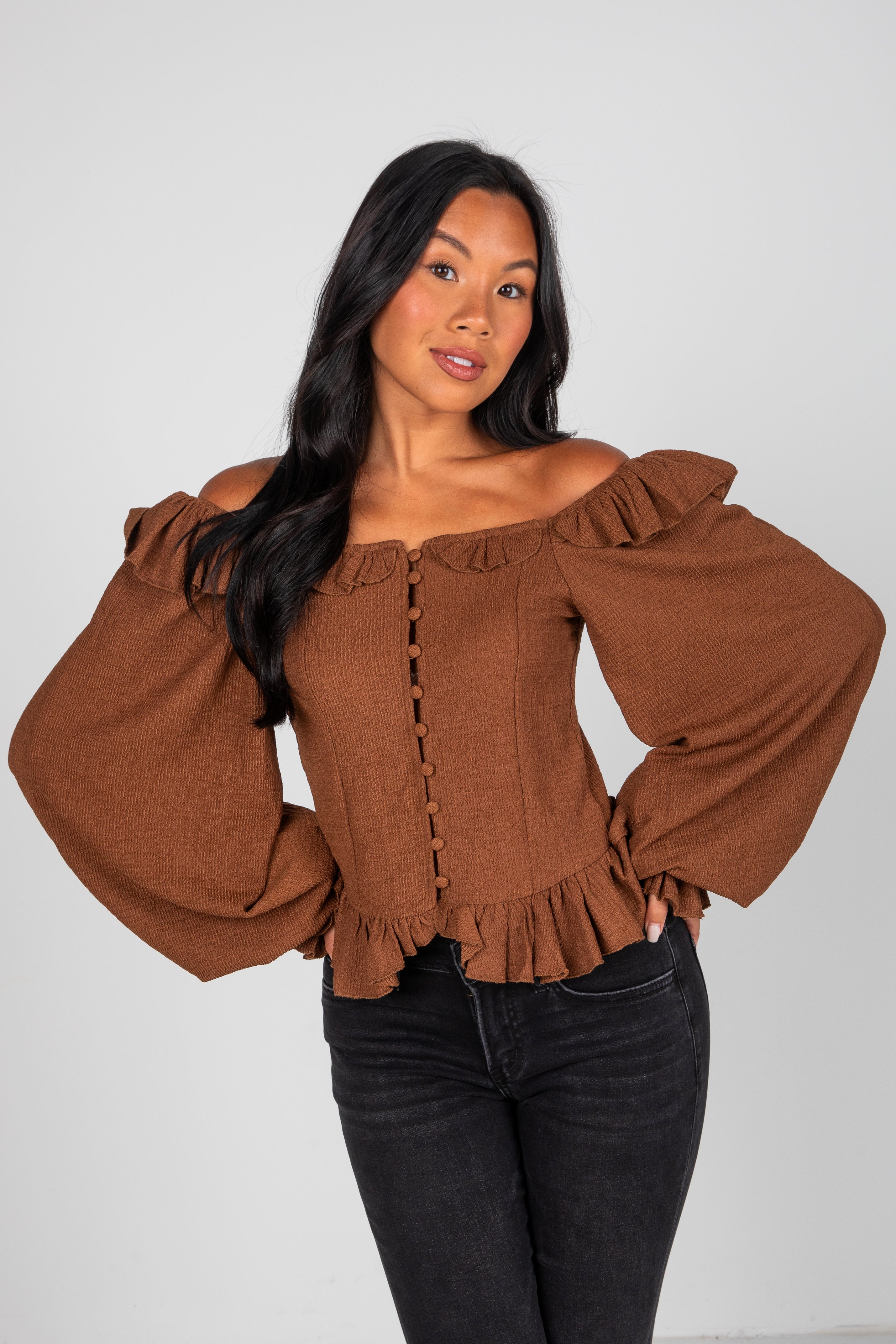 Share Your Story Brown Ruffle Blouse