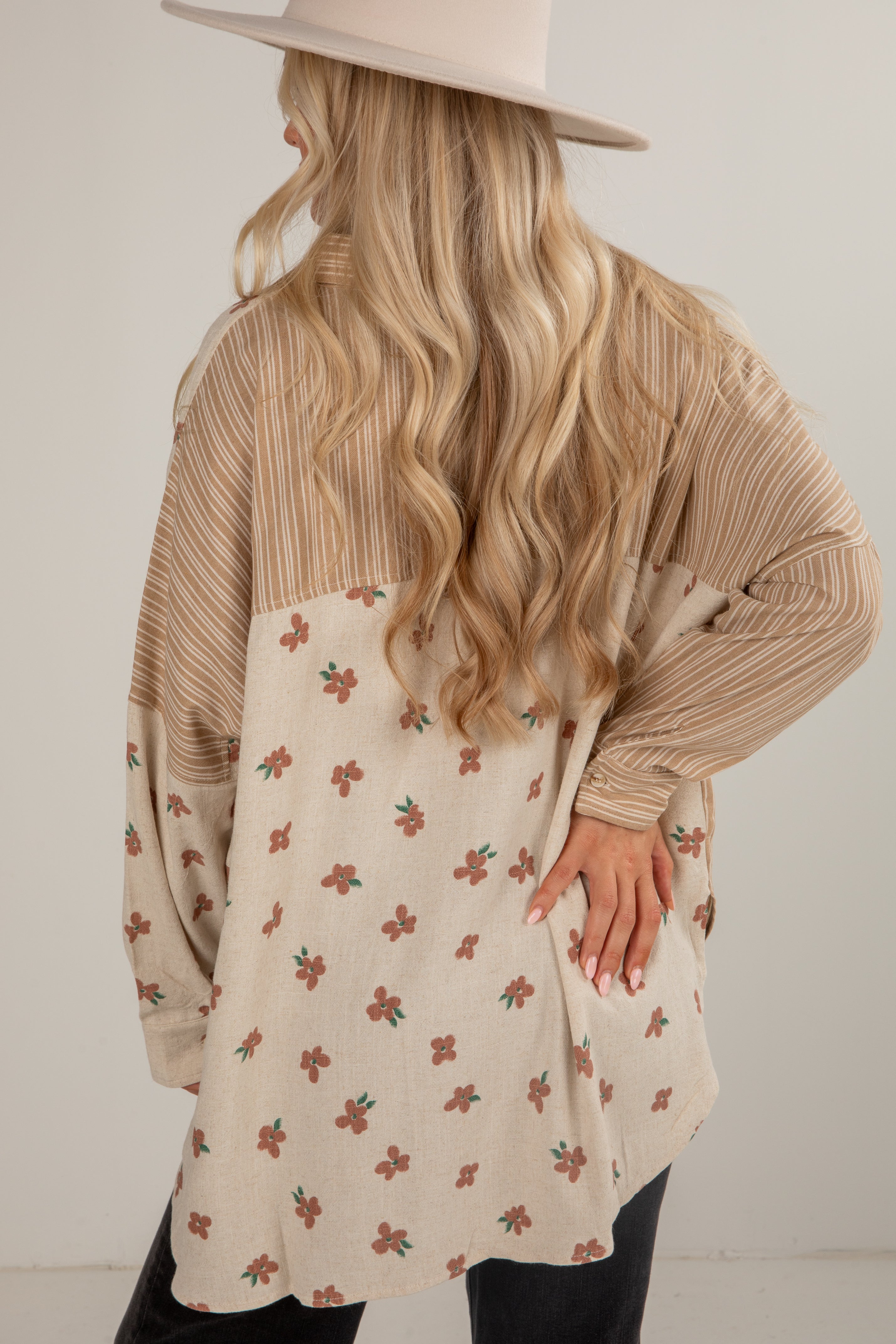 Living The Dream Taupe Floral Striped Button-Up Blouse