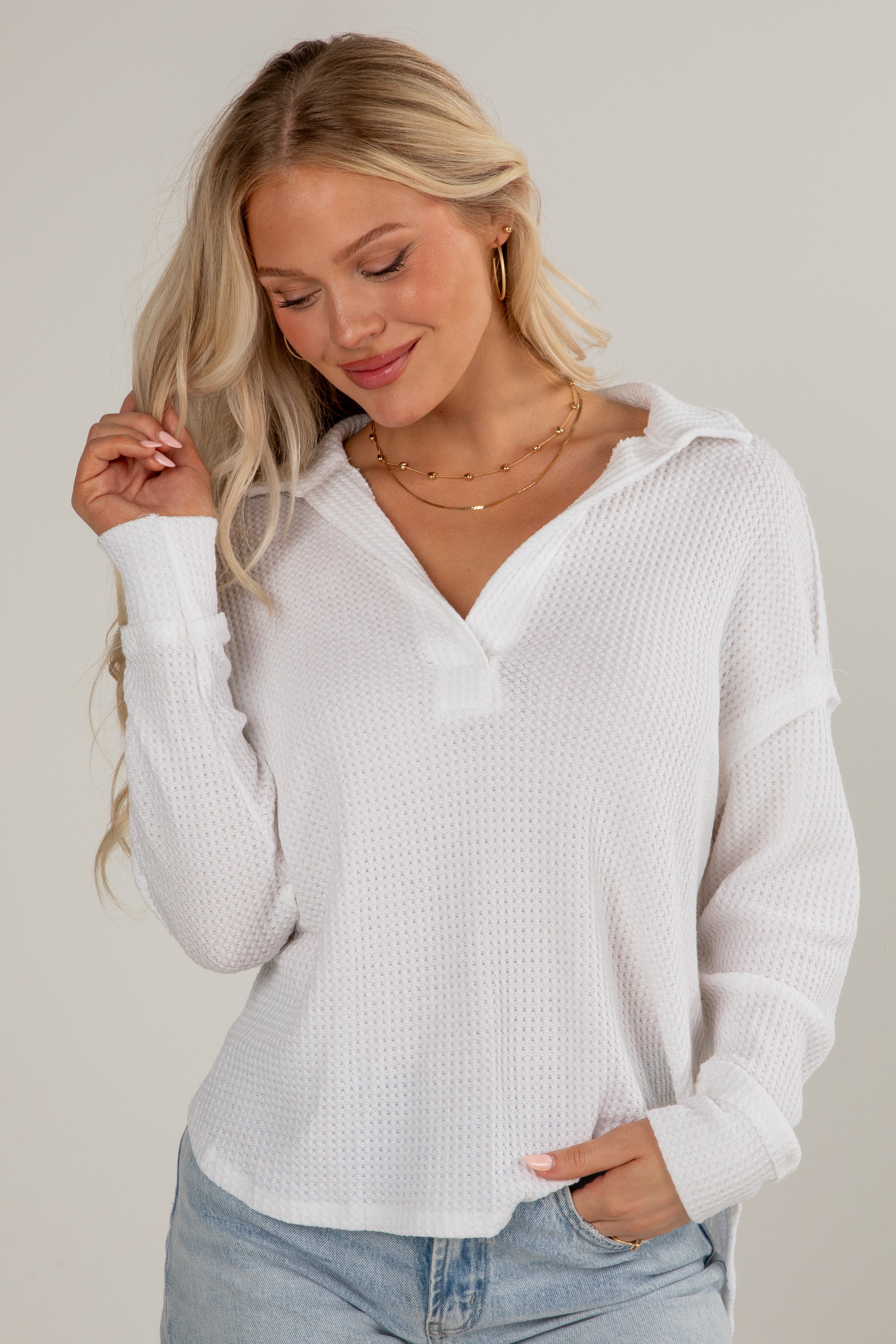 Casual Coziness Collared Waffle Knit Top