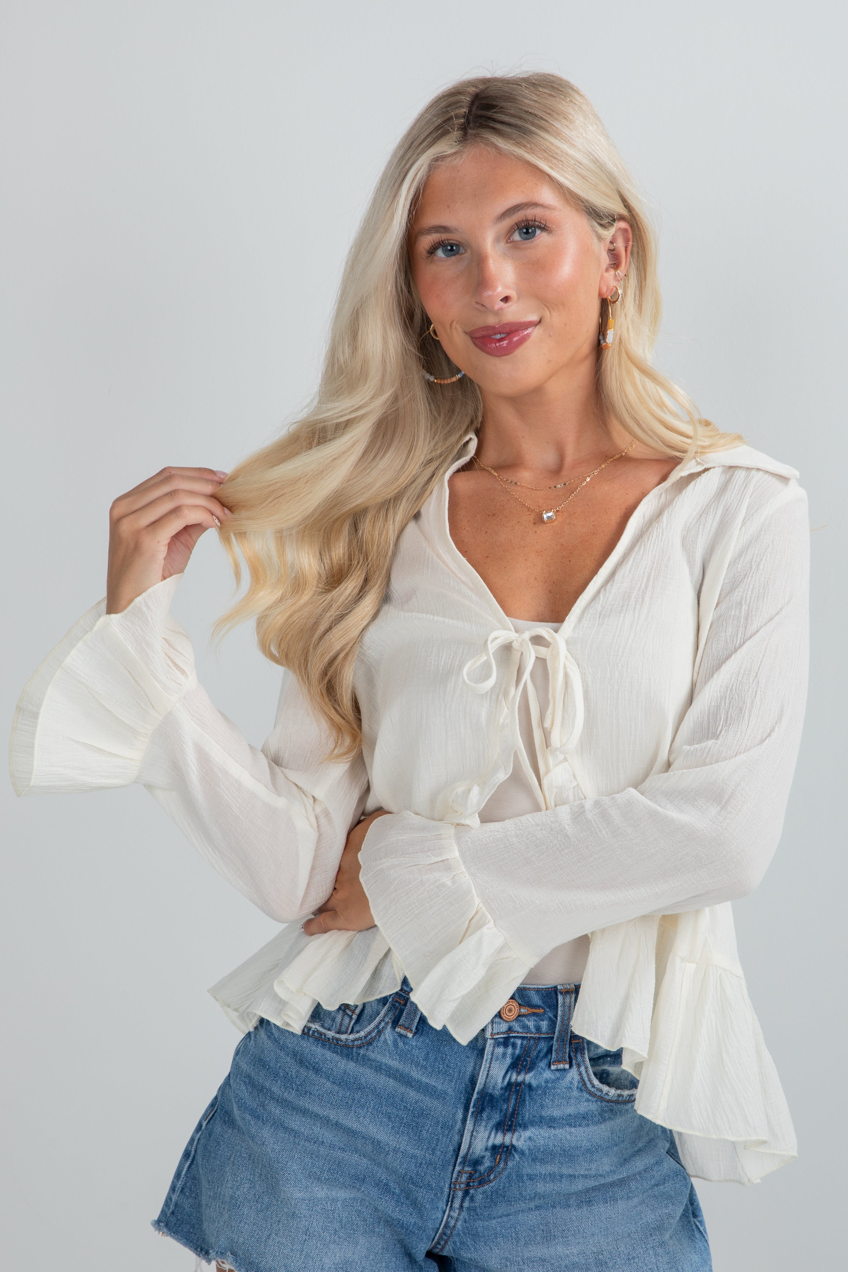 Do It Over Again Cream Tie Front Blouse