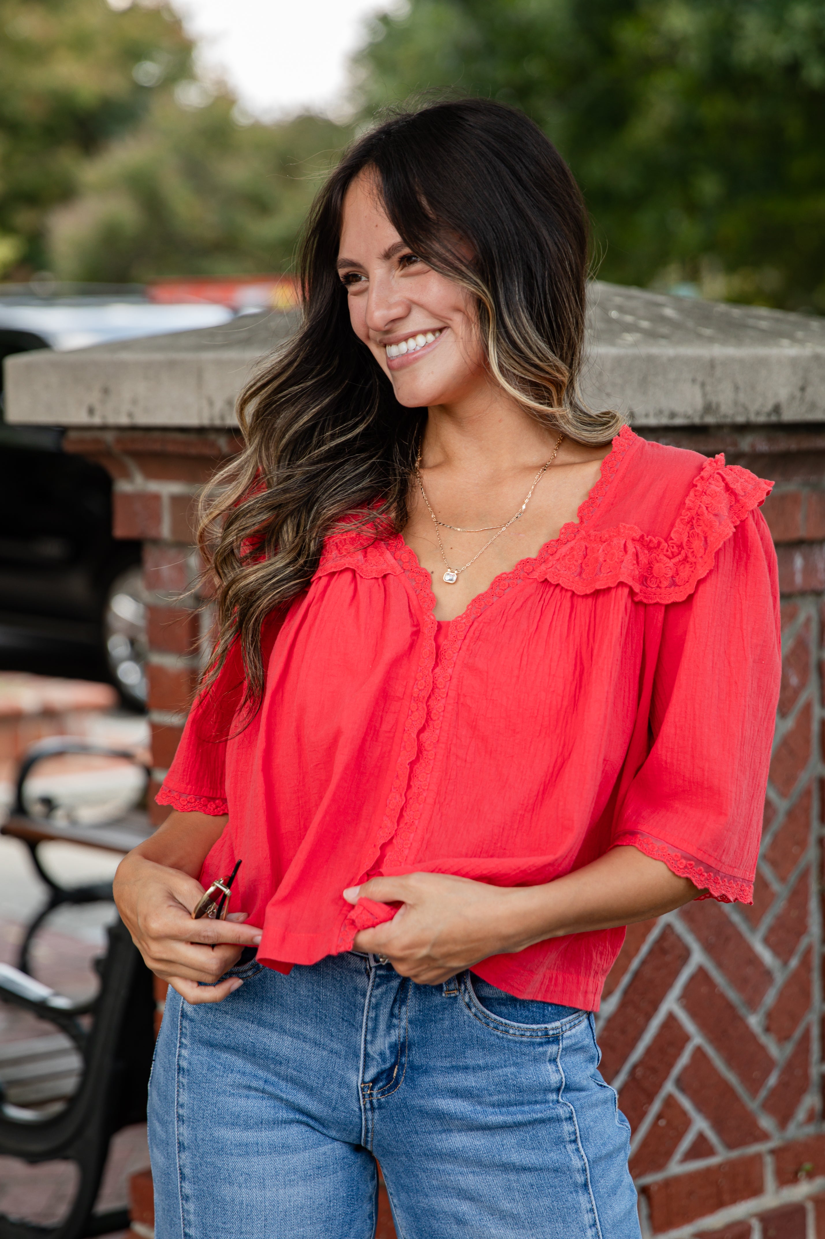 Gracefully As She Goes Red Lace Blouse