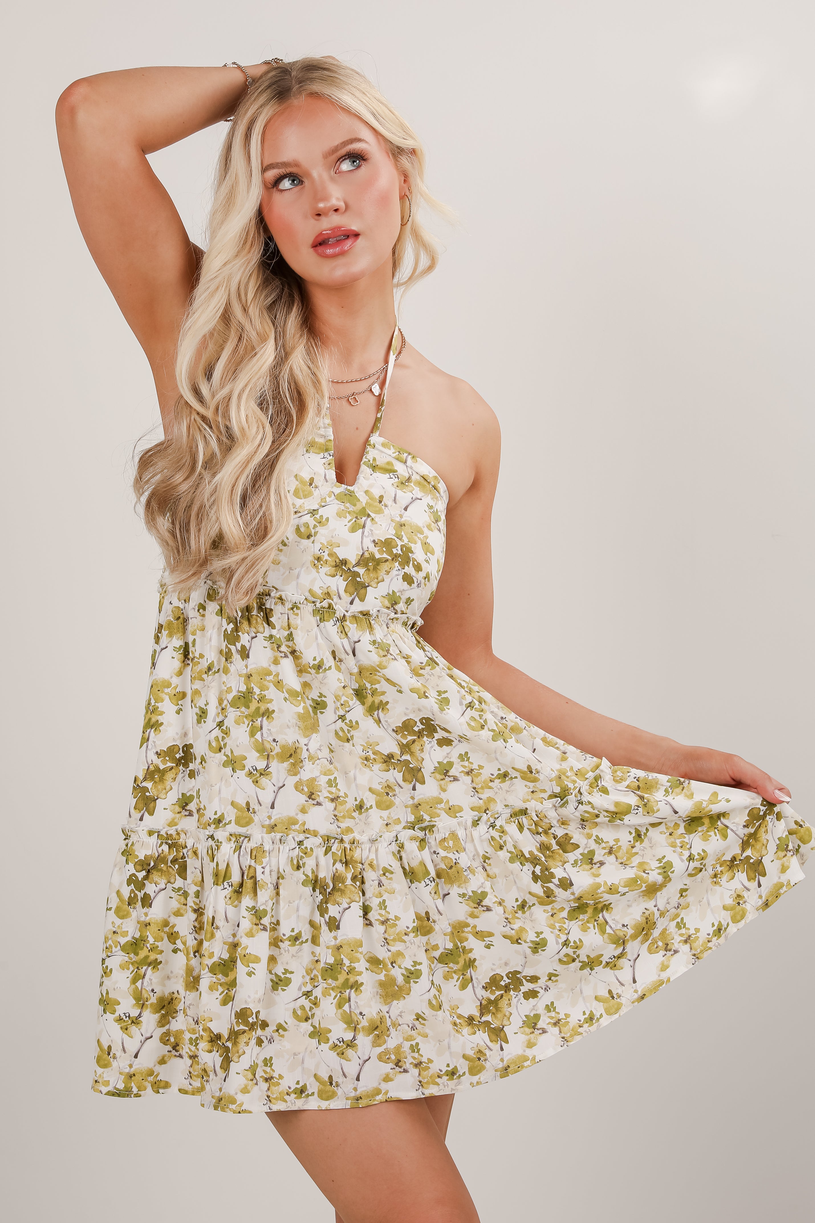Falling In Love Light Olive Floral Halter Mini Dress