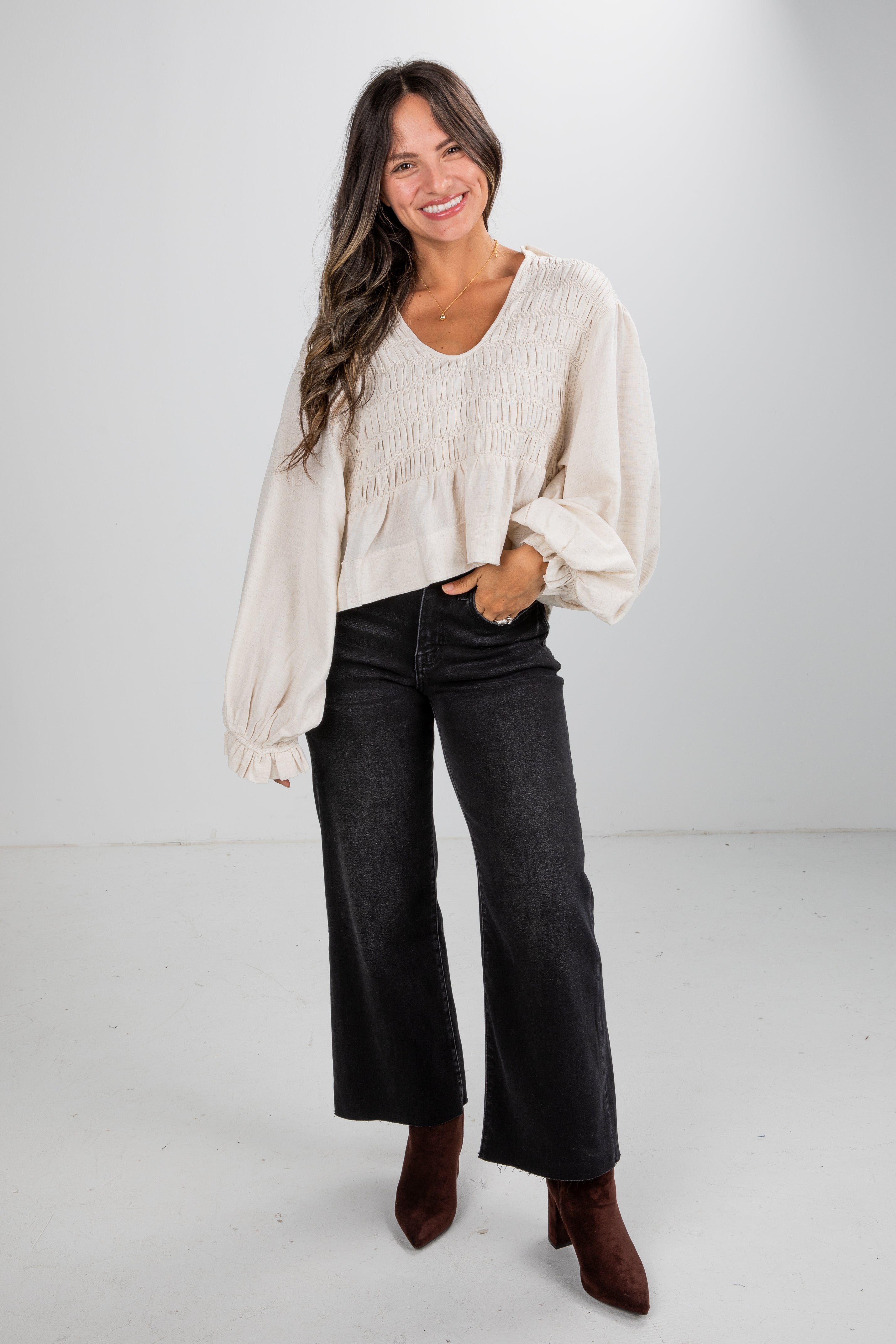 All In Time Oatmeal Smocked Blouse