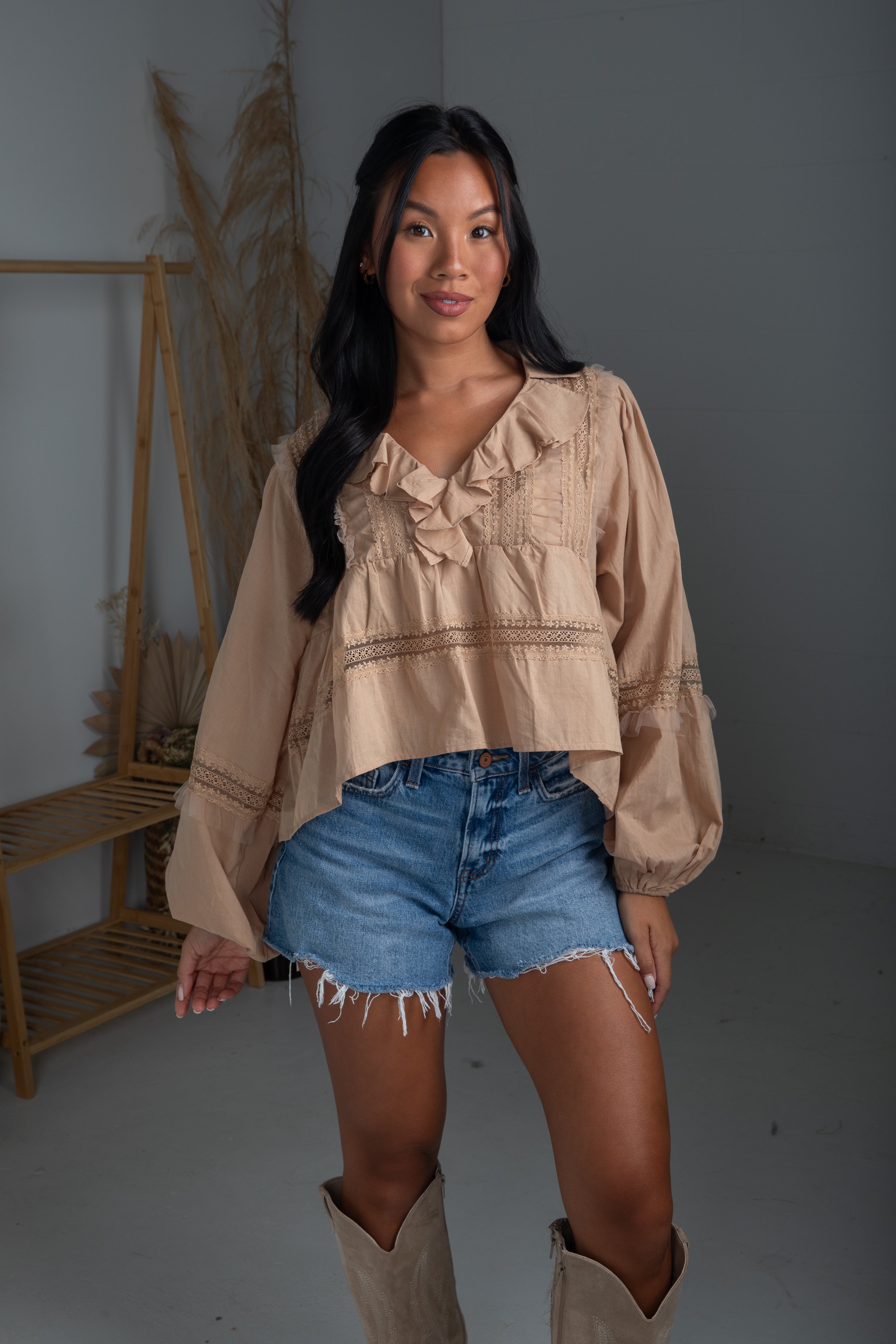 Own The Moment Taupe Lace Ruffle Blouse
