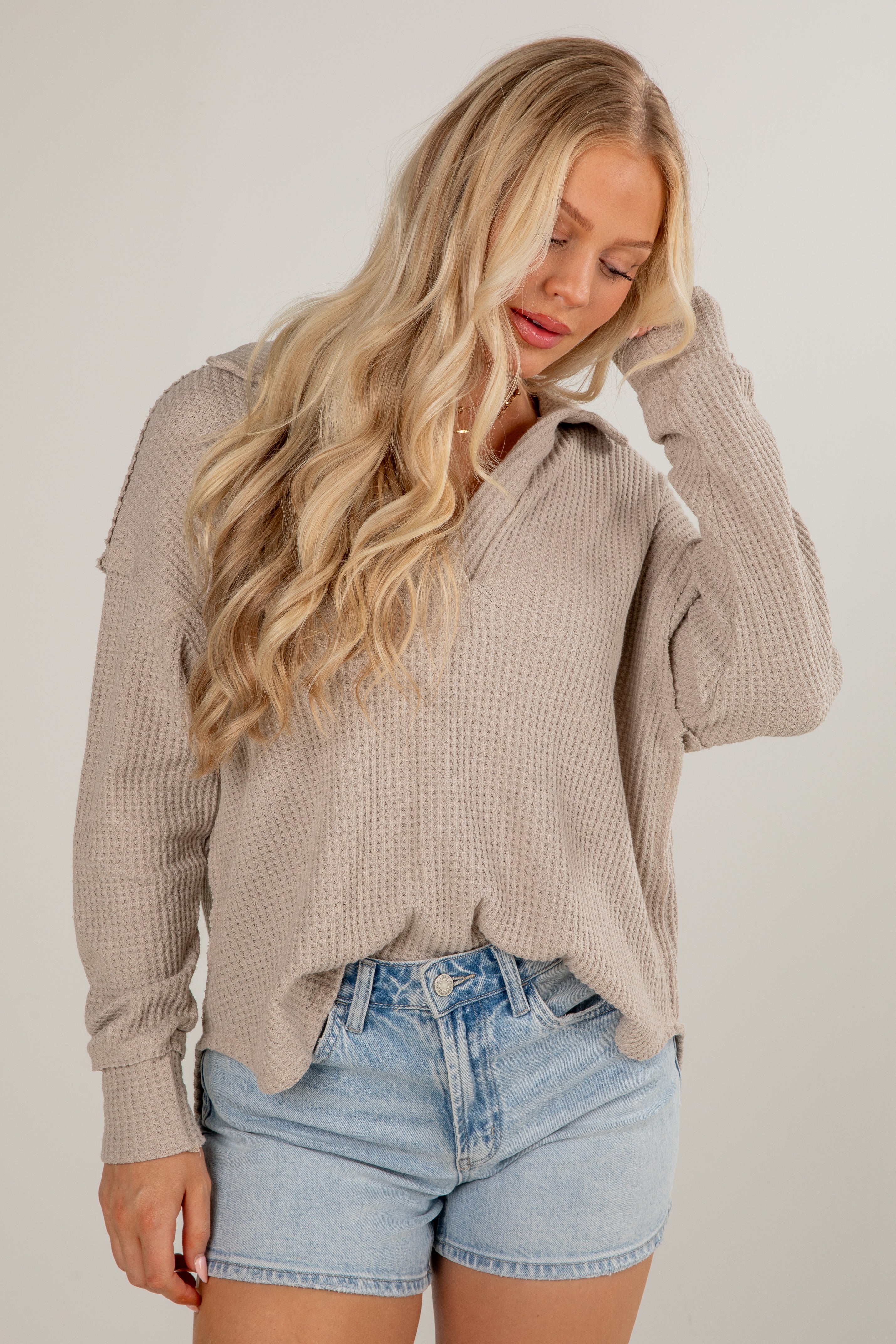 Casual Coziness Collared Waffle Knit Top