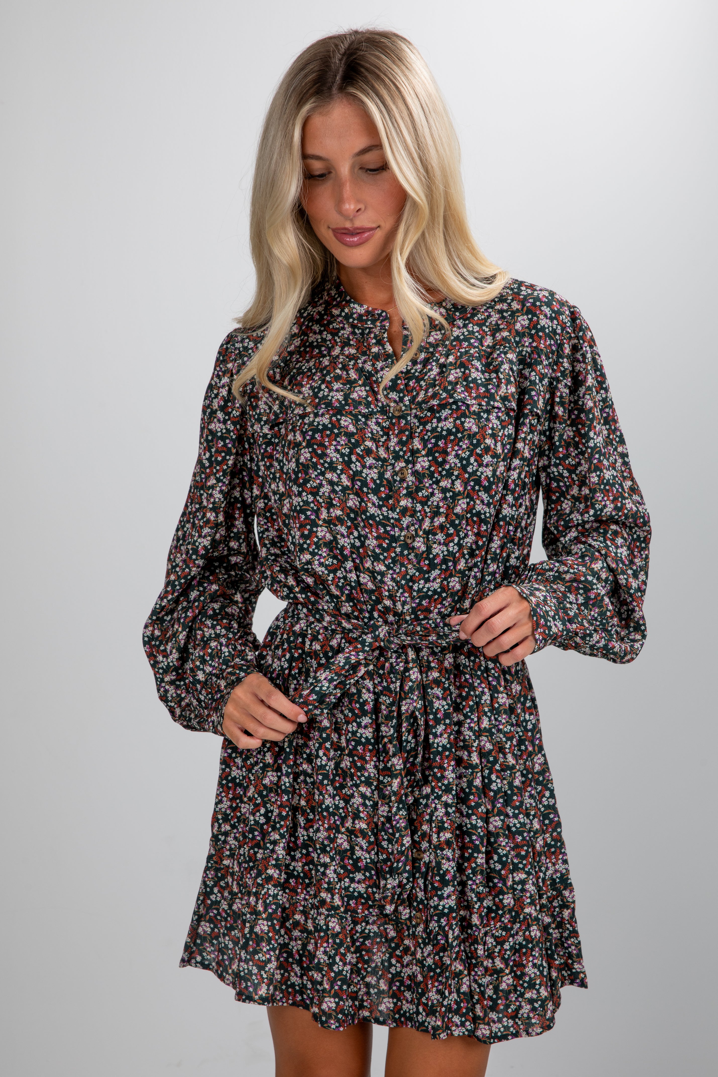 Share The Light Hunter Green Floral Mini Dress