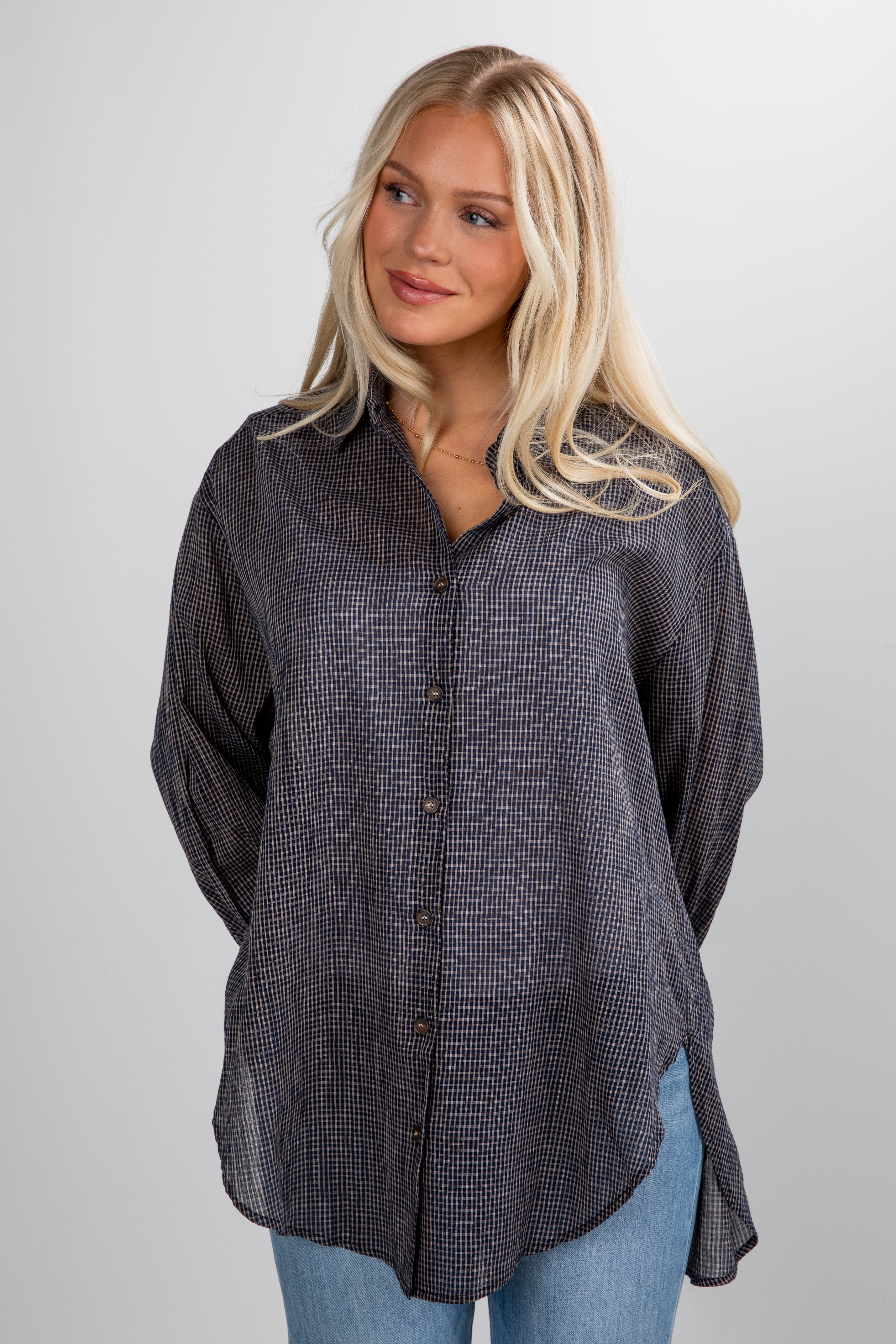 Happily Yours Plaid Oversized Button-Up Blouse