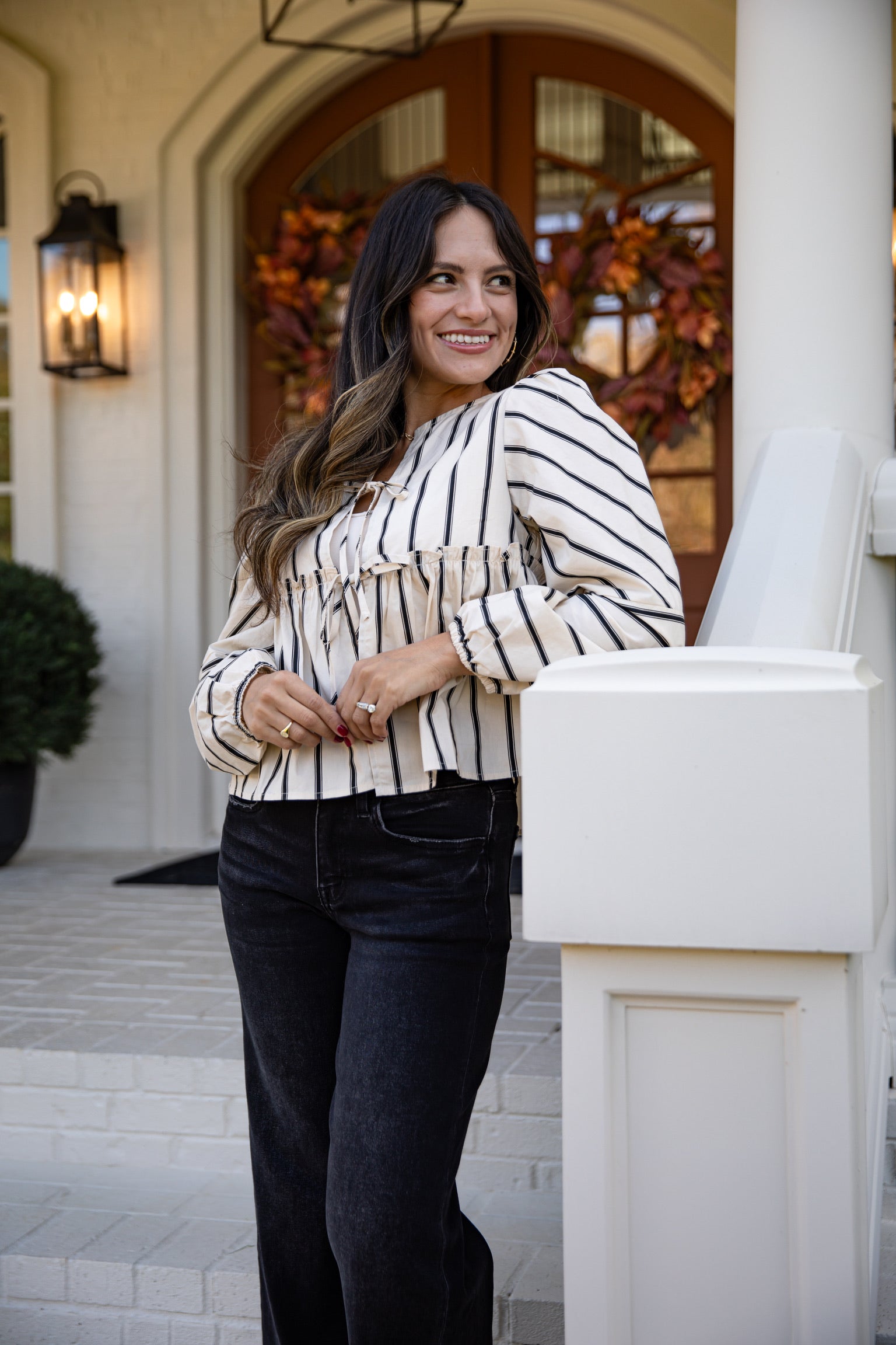 Classy Attitude Cream Striped Tie Blouse