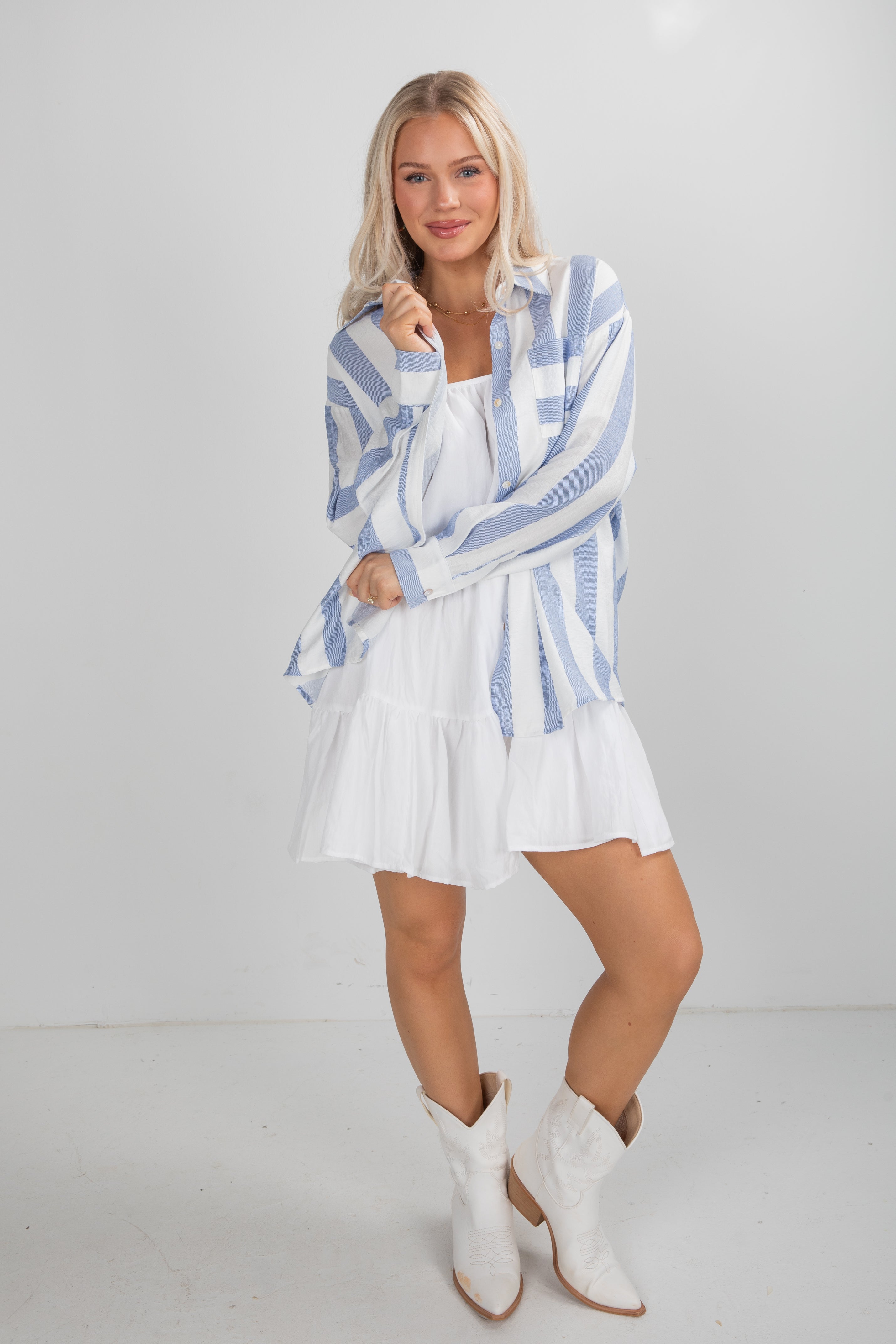 Essential Fit Light Blue Striped Button-Up Blouse