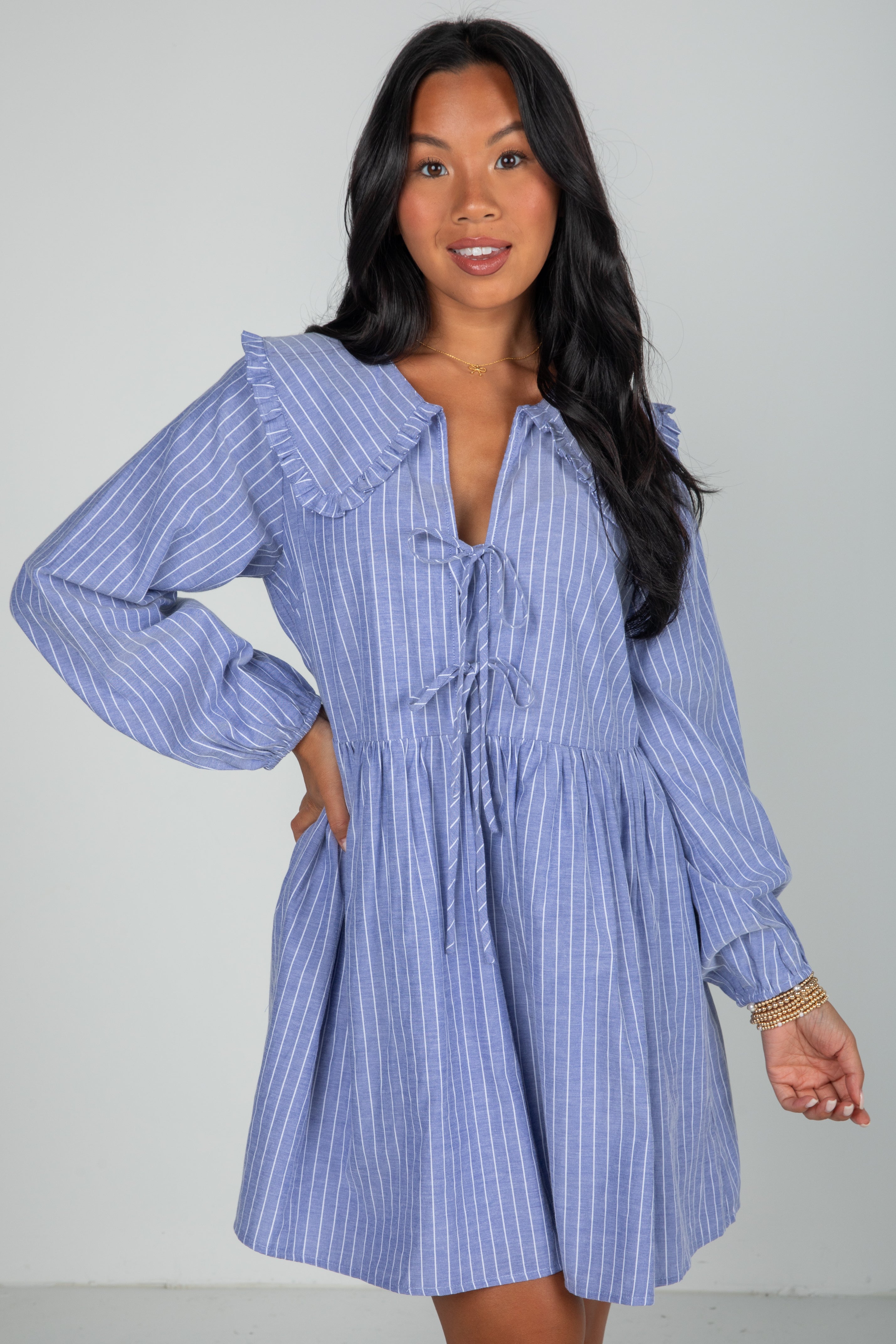 Romantic History Denim Striped Babydoll Mini Dress