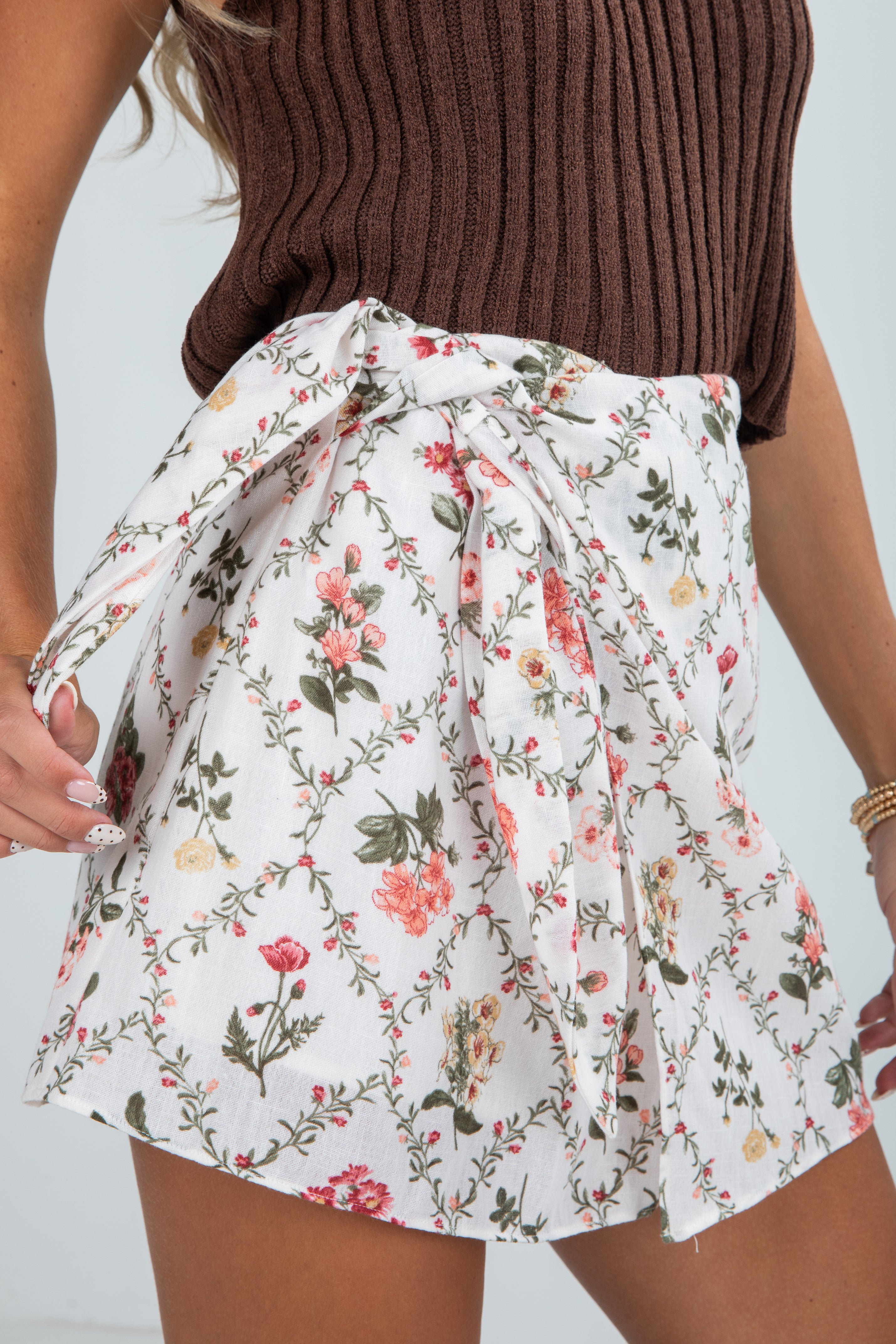 Never Too Late Natural Floral Skort