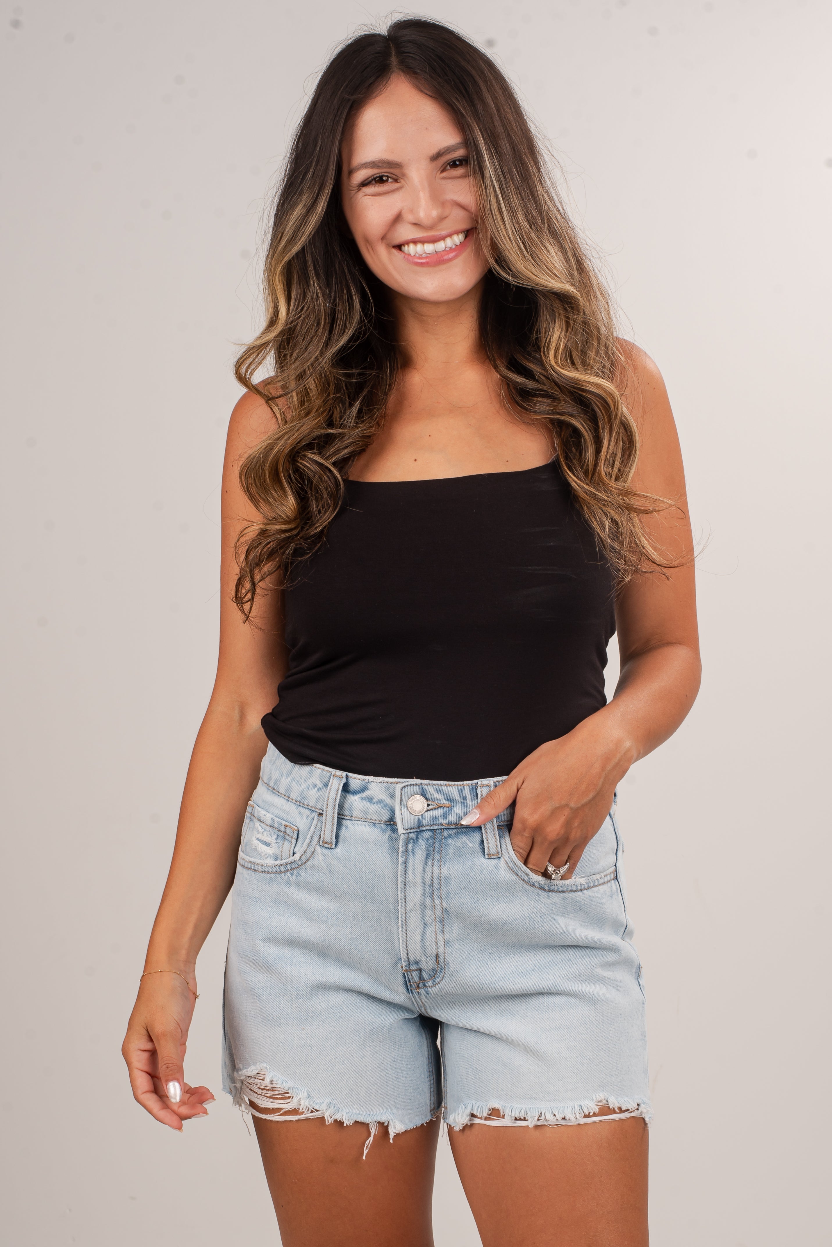 Emmy Light Wash High-Rise Distressed Denim Shorts