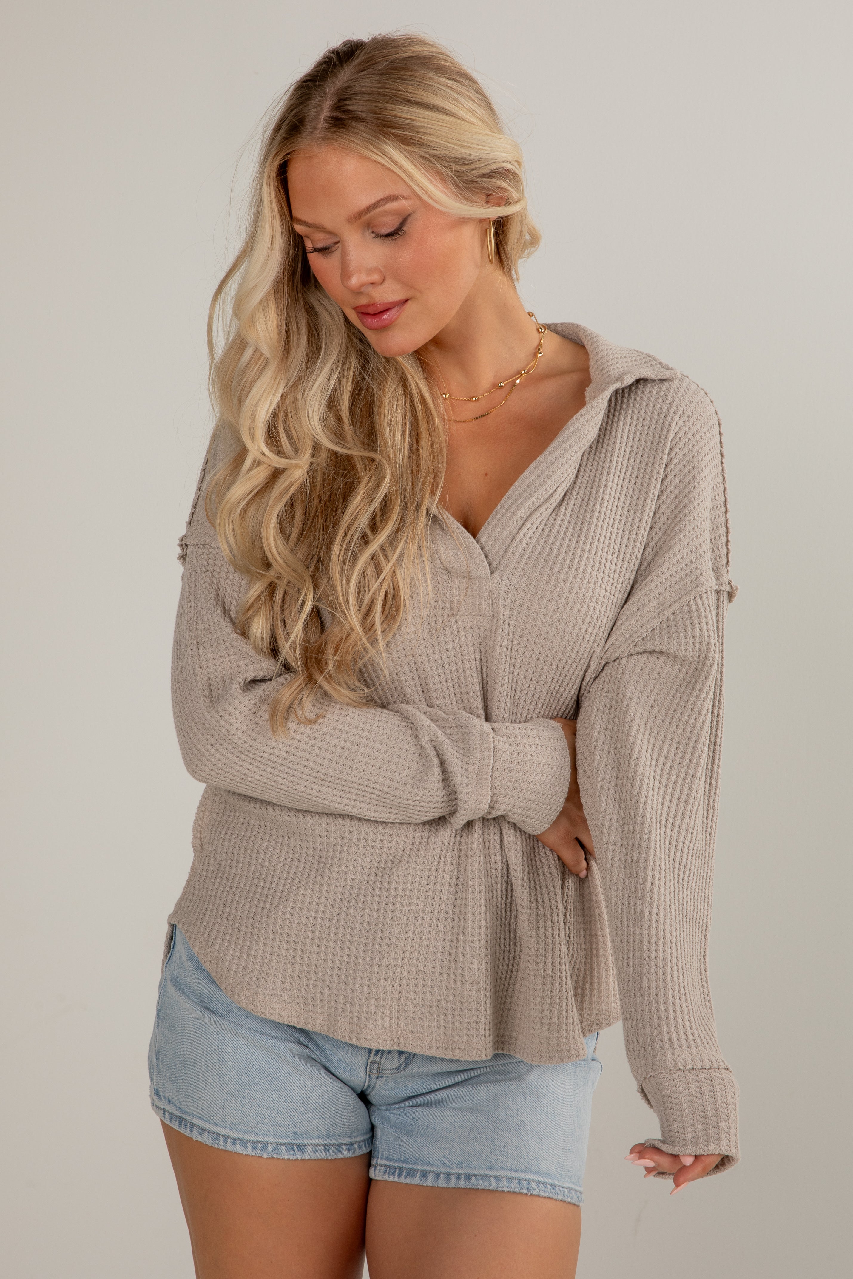 Casual Coziness Collared Waffle Knit Top