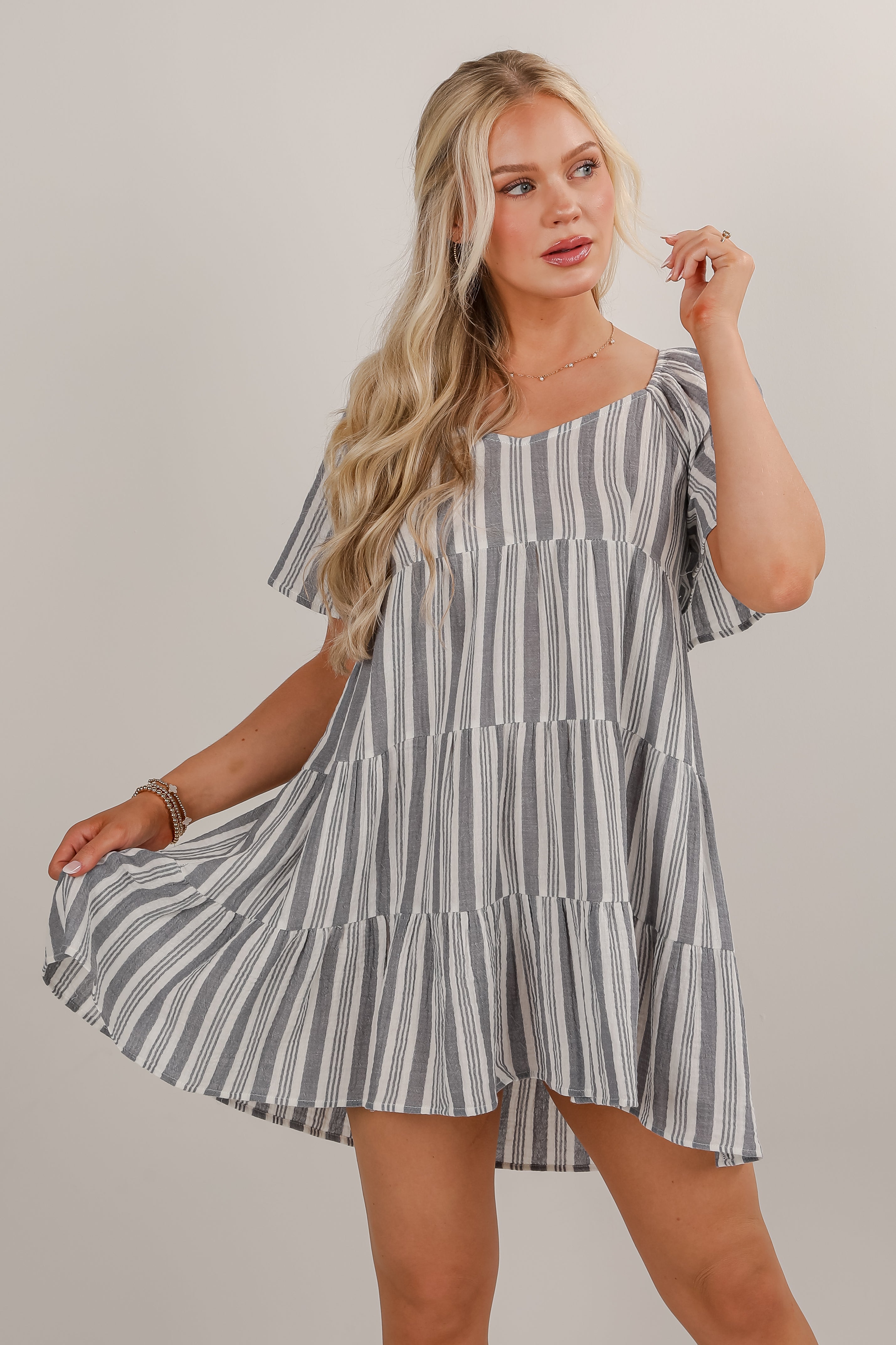 Hold Your Breath Denim Striped Linen Tiered Mini Dress