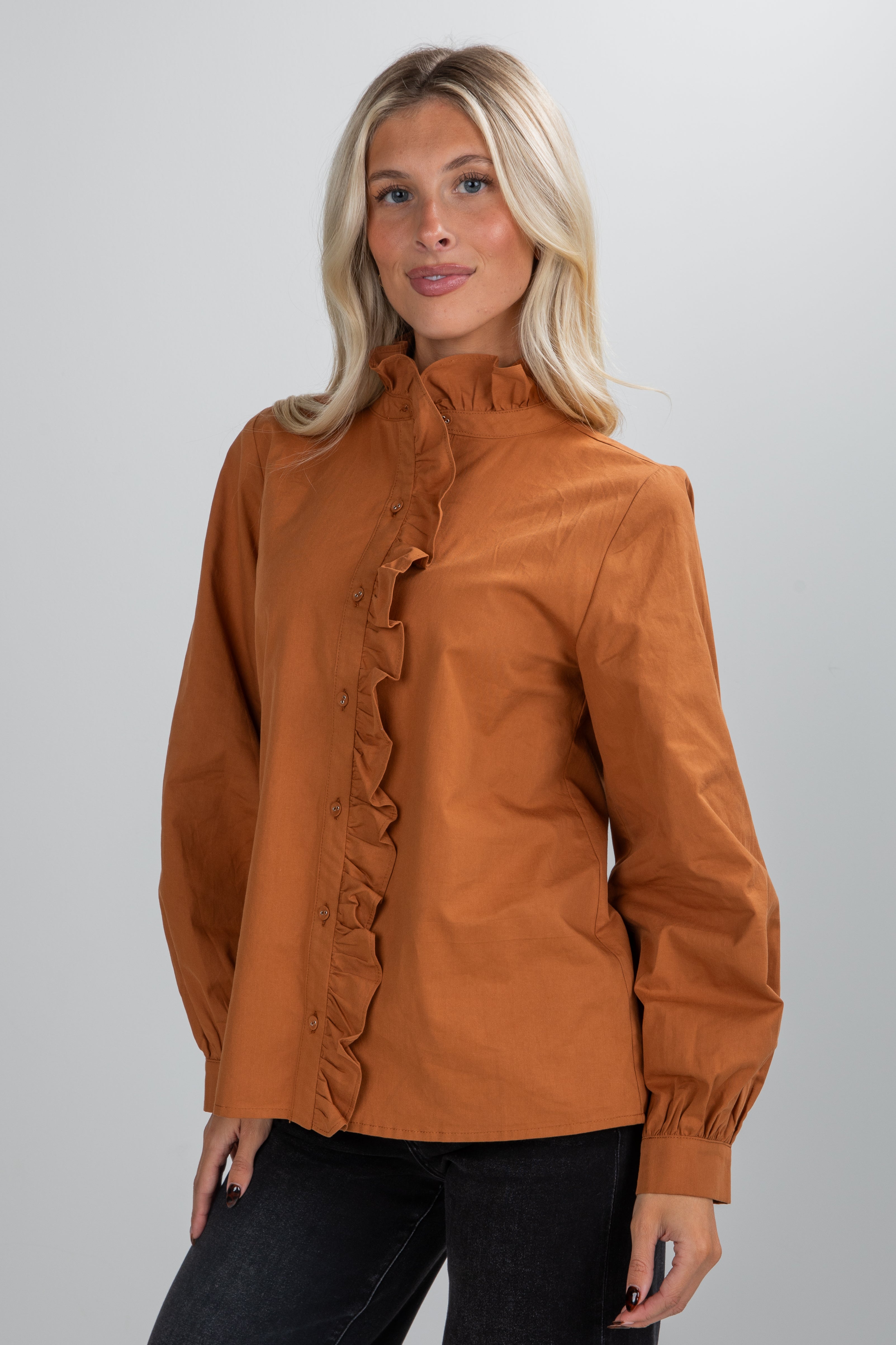 Marvelous Darling Camel Ruffle Blouse
