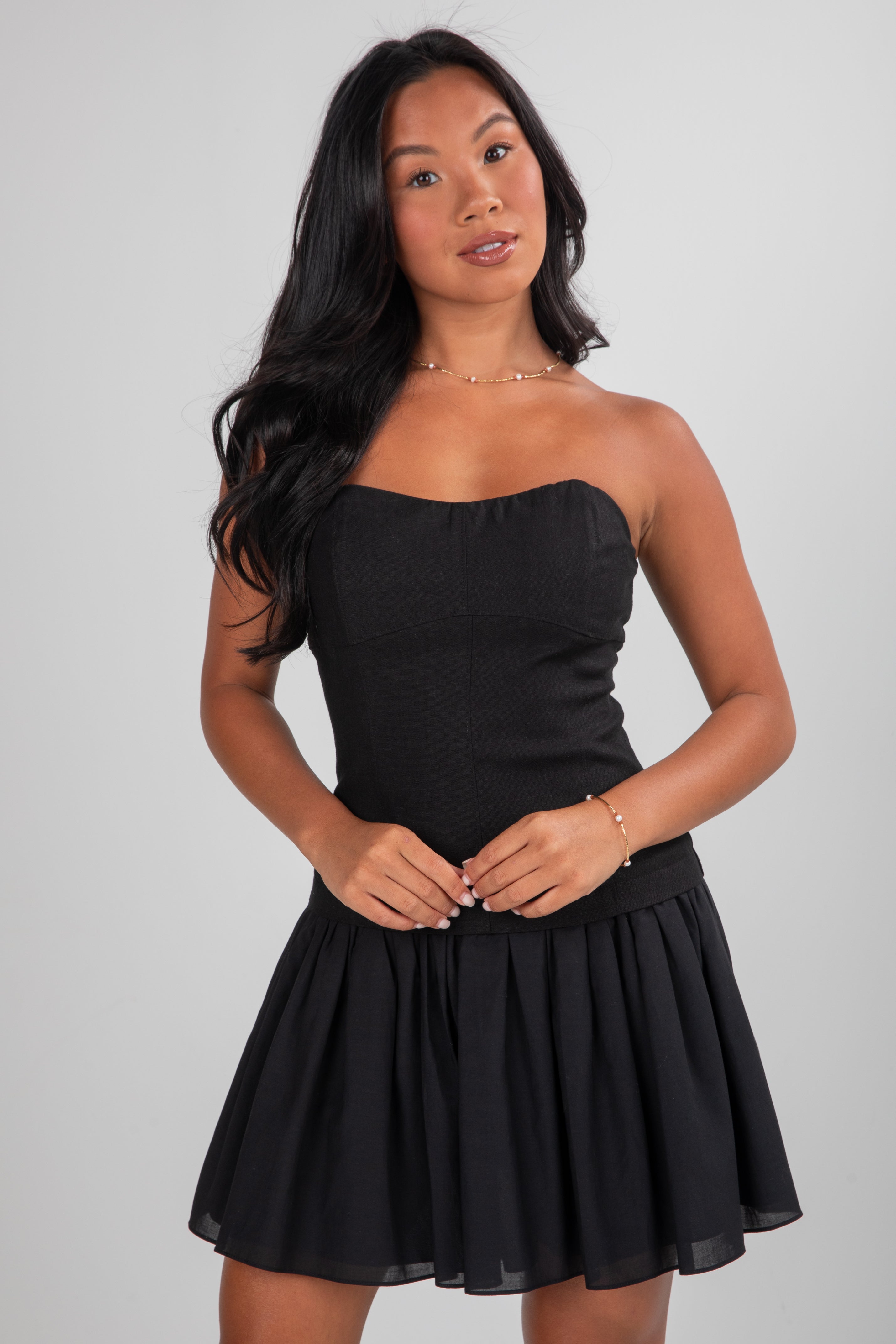 Just For You Black Strapless Drop Waist Mini Dress