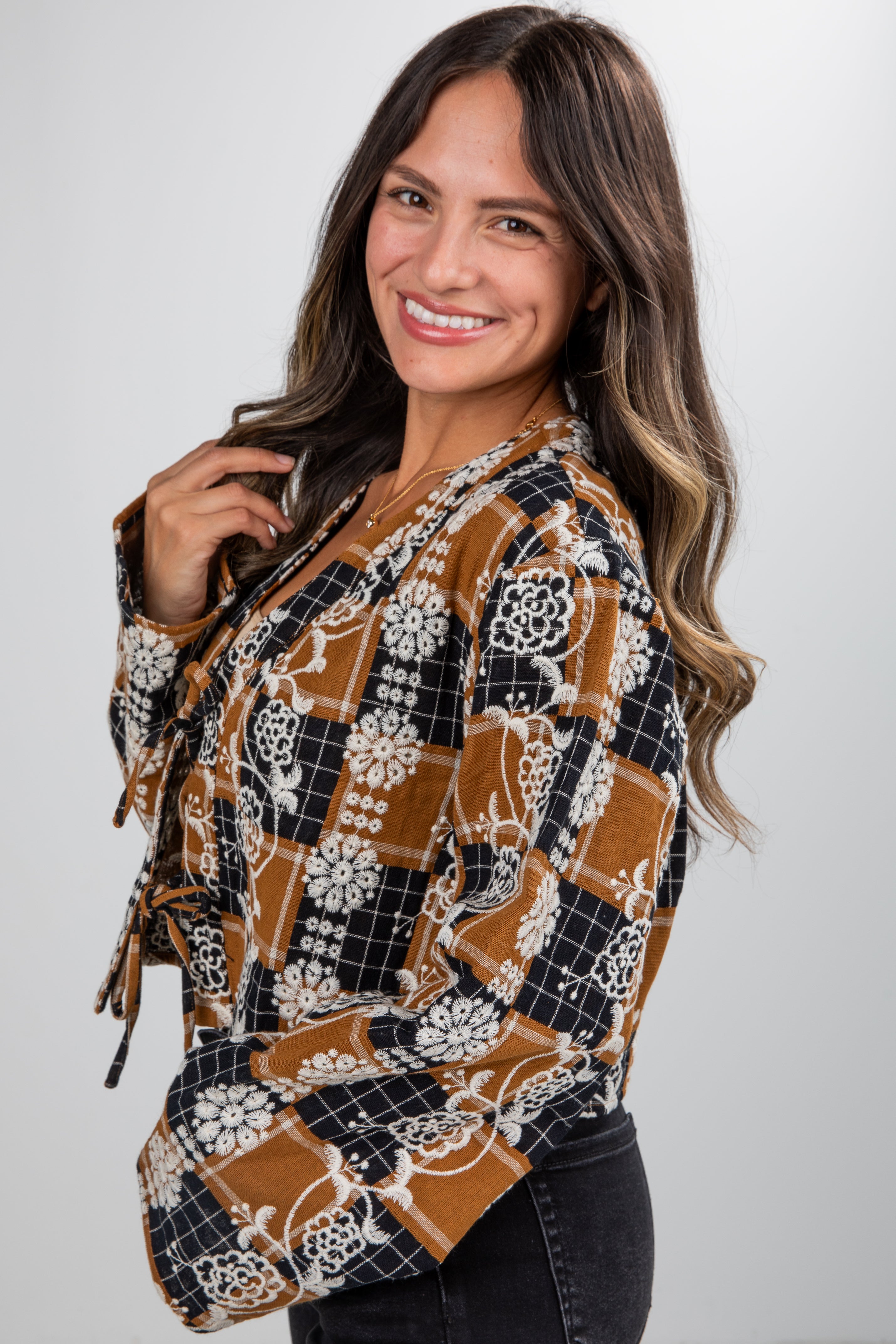 Wonderful Times Black Plaid Embroidered Tie Blouse