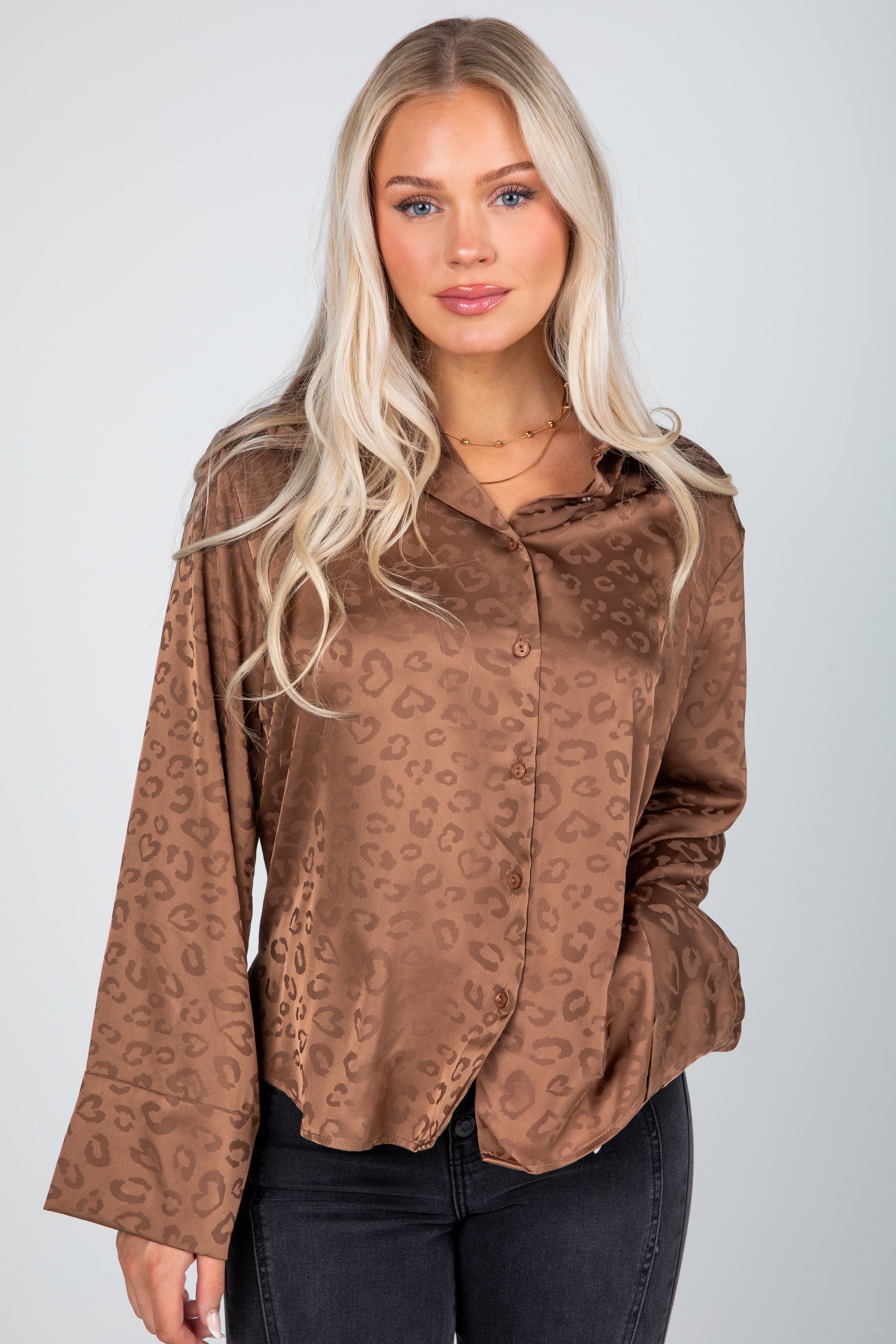 Wild And Free Brown Satin Leopard Button-Up Blouse