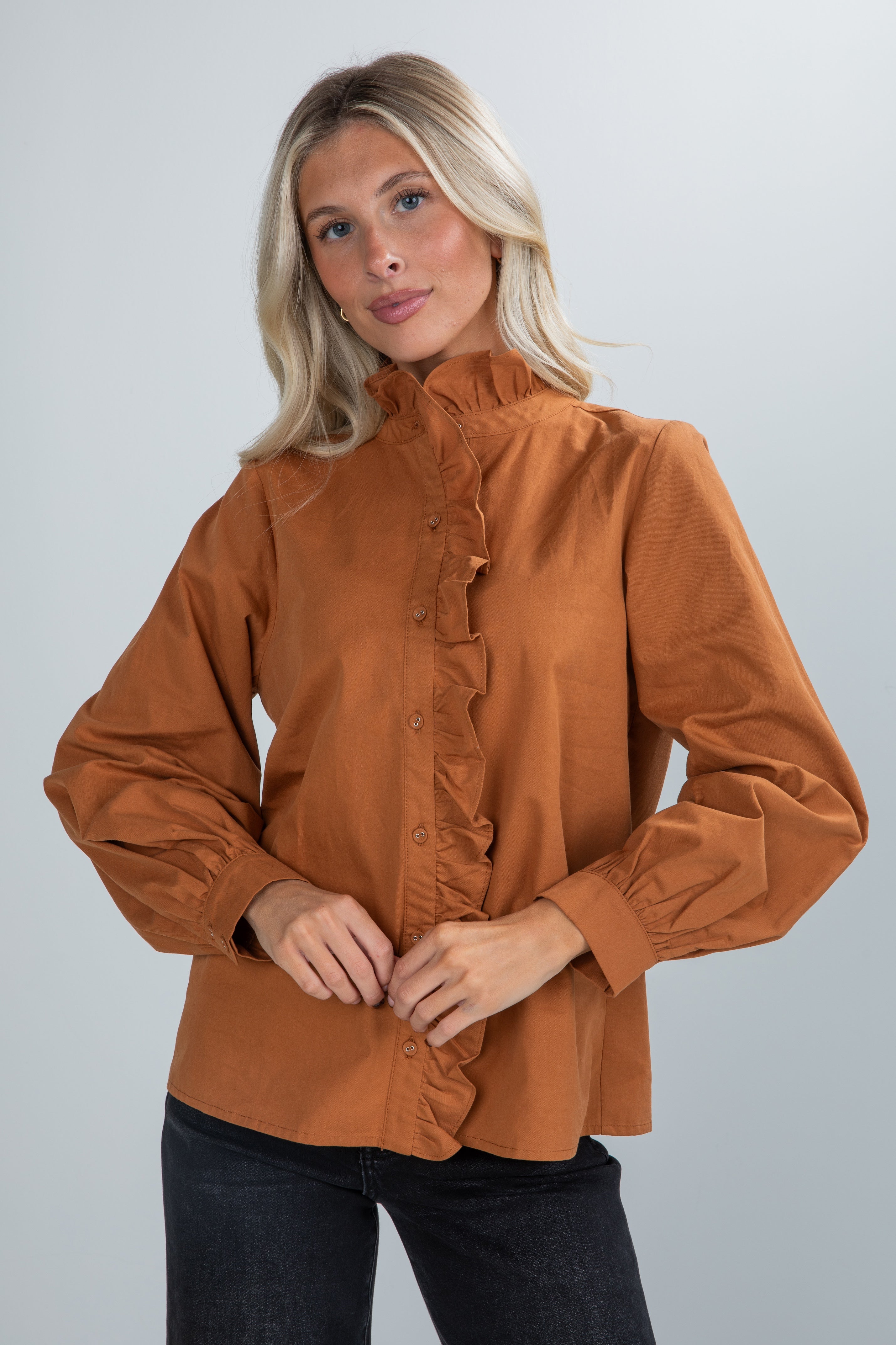 Marvelous Darling Camel Ruffle Blouse