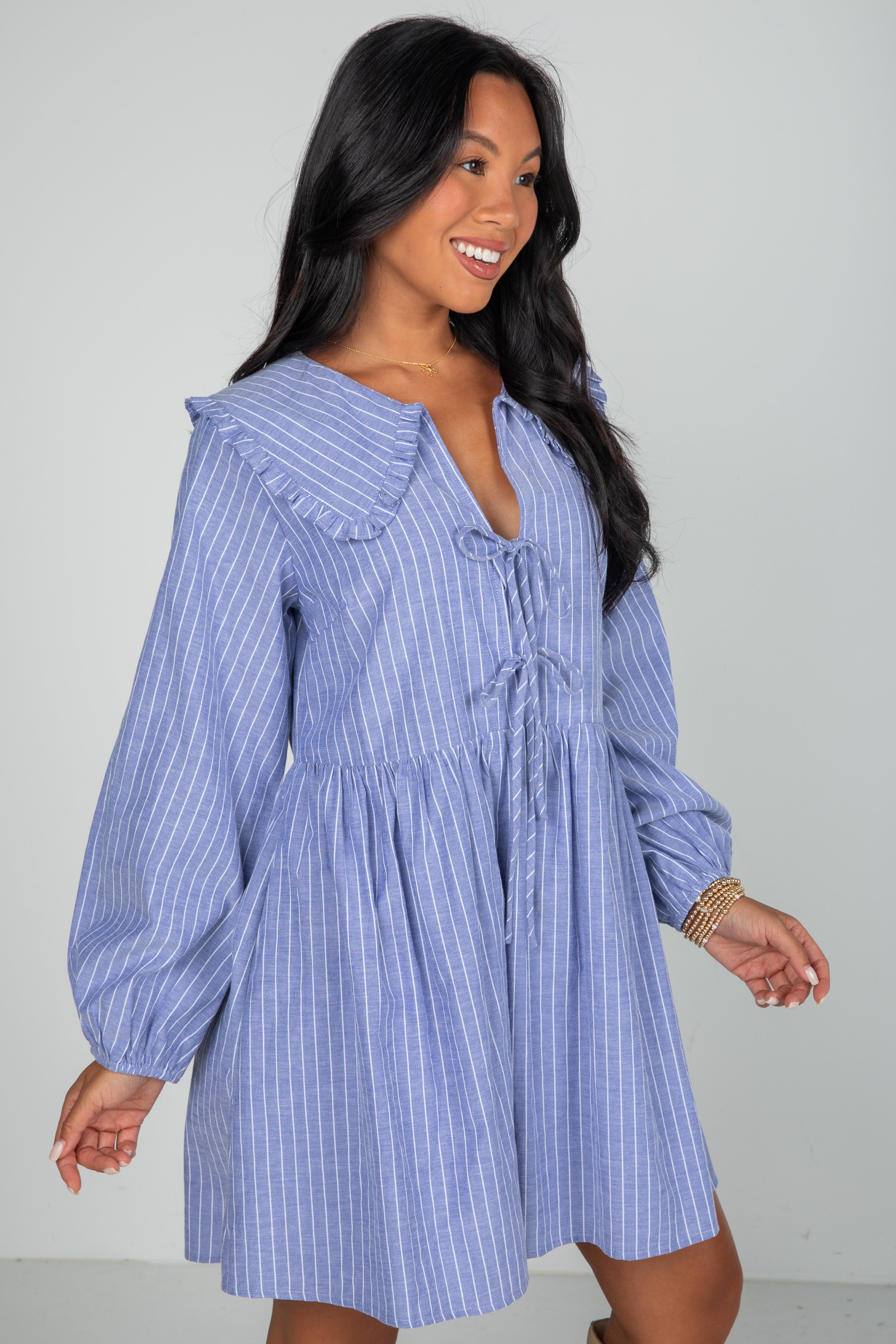 Romantic History Denim Striped Babydoll Mini Dress