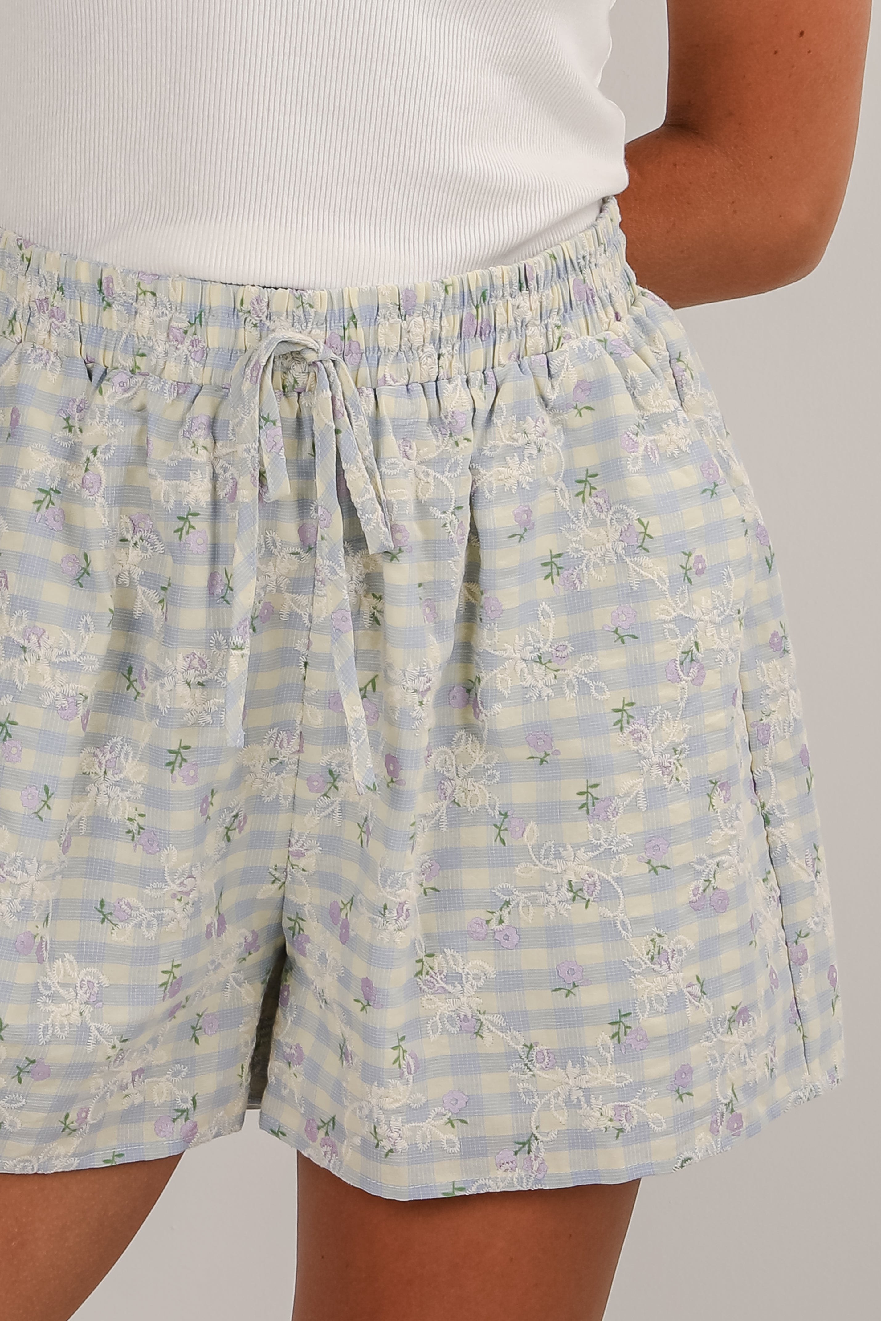 Next Thing You Know Light Blue Gingham Floral Embroidered Shorts