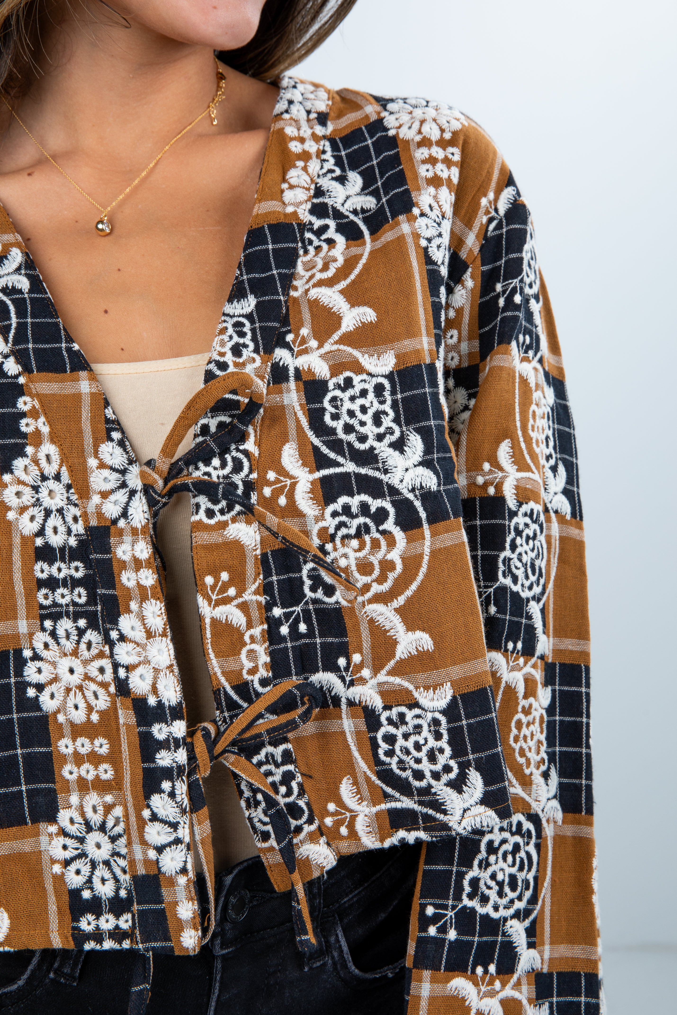 Wonderful Times Black Plaid Embroidered Tie Blouse