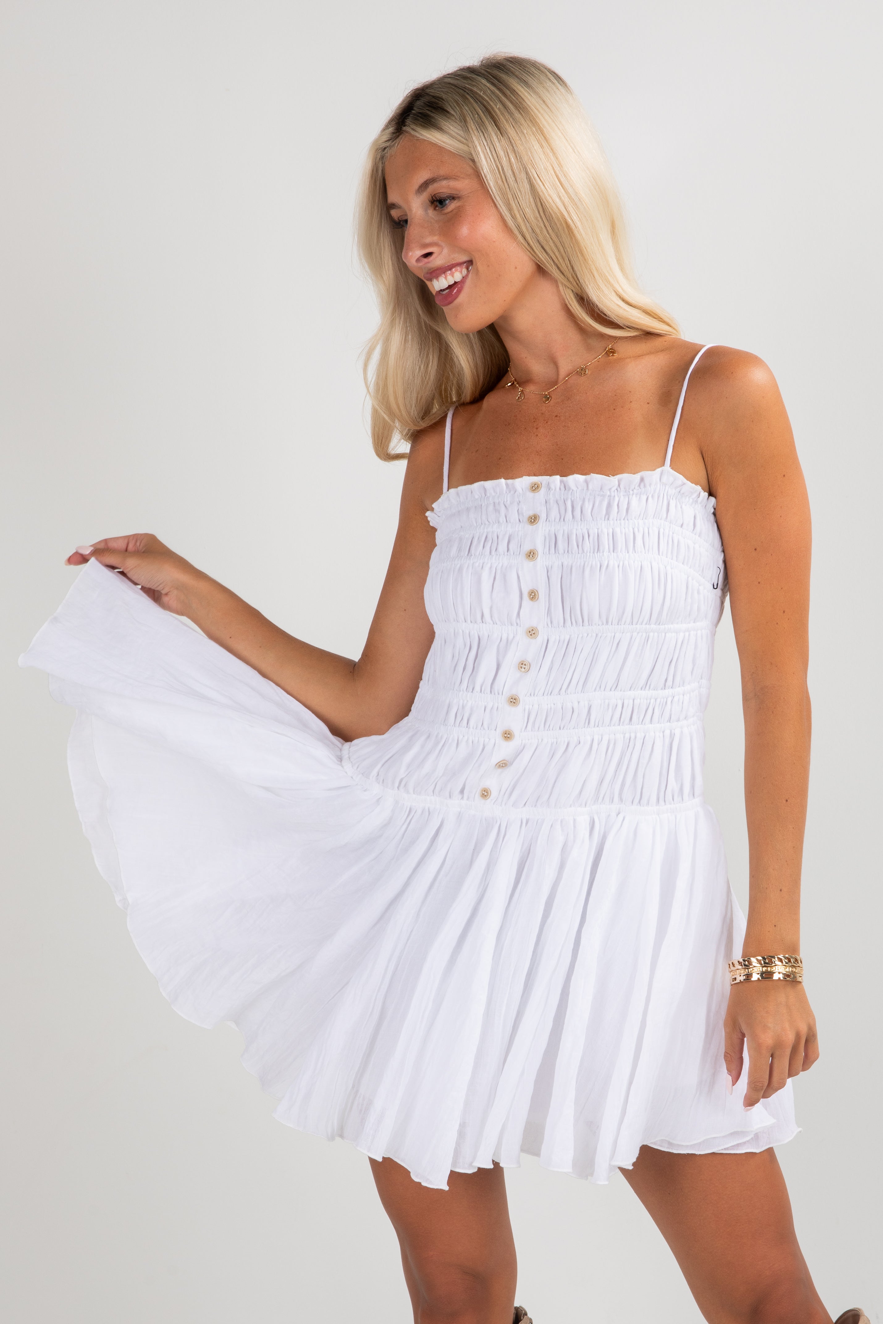 Sweetheart Glam White Smocked Mini Dress