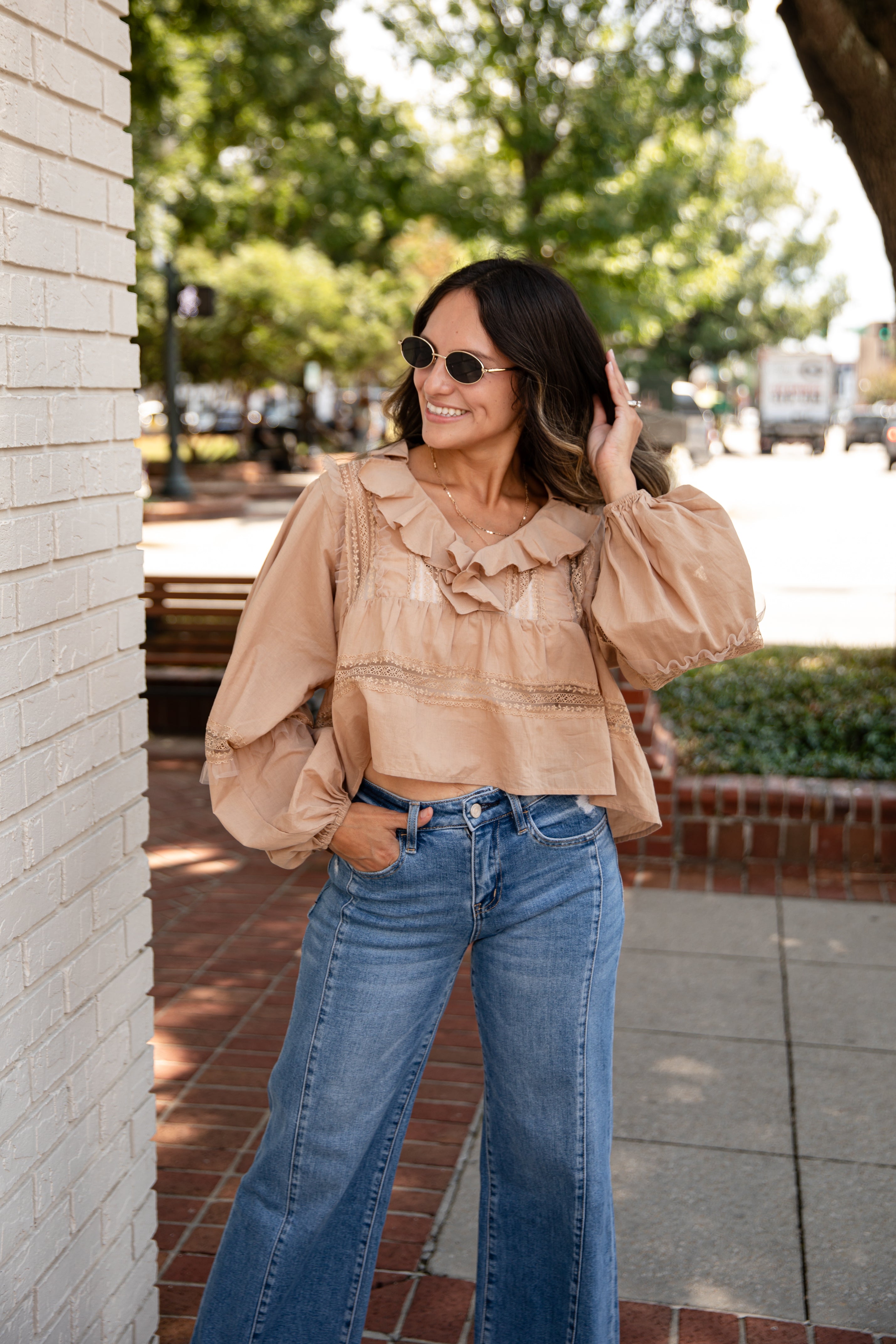 Own The Moment Taupe Lace Ruffle Blouse