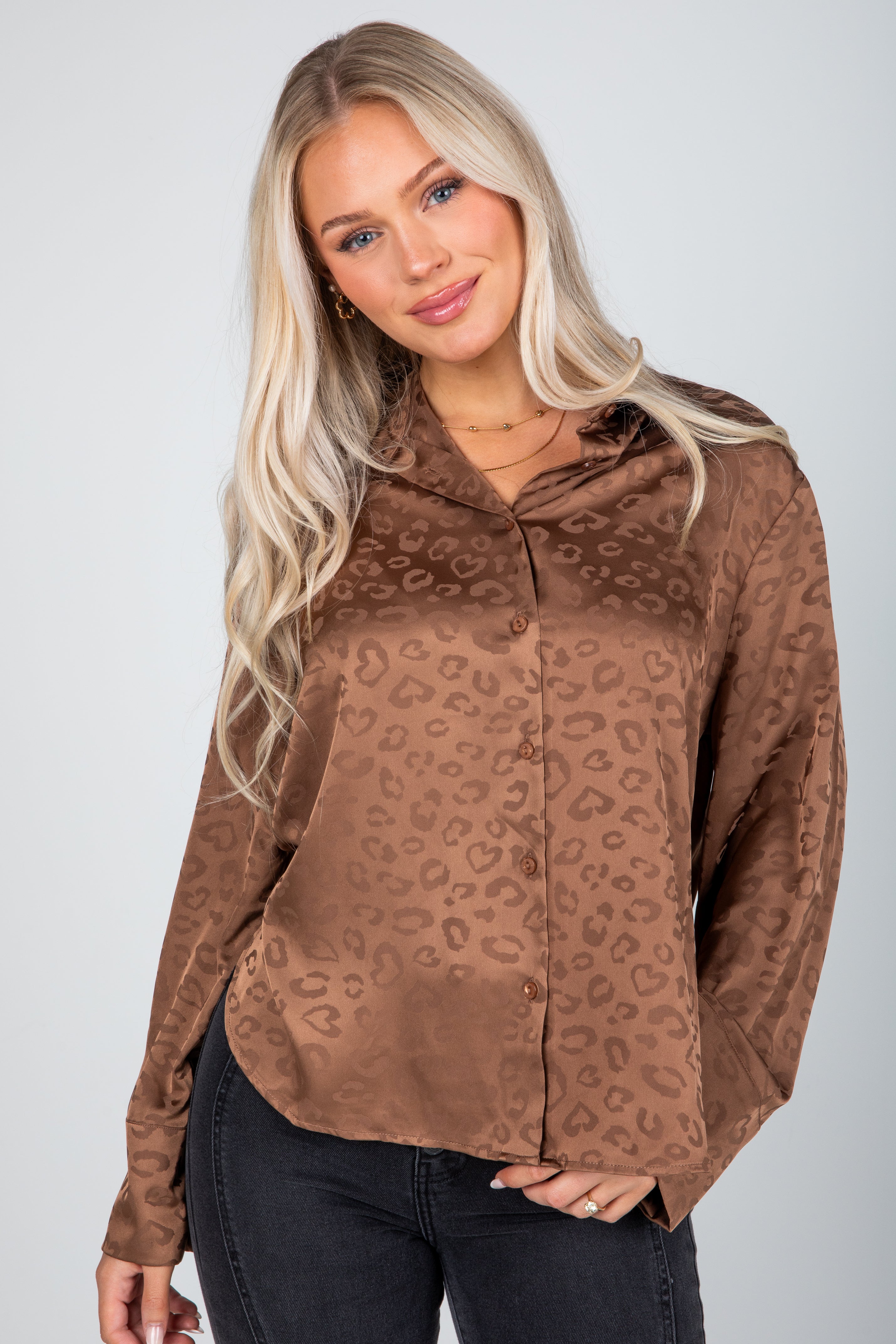 Wild And Free Brown Satin Leopard Button-Up Blouse
