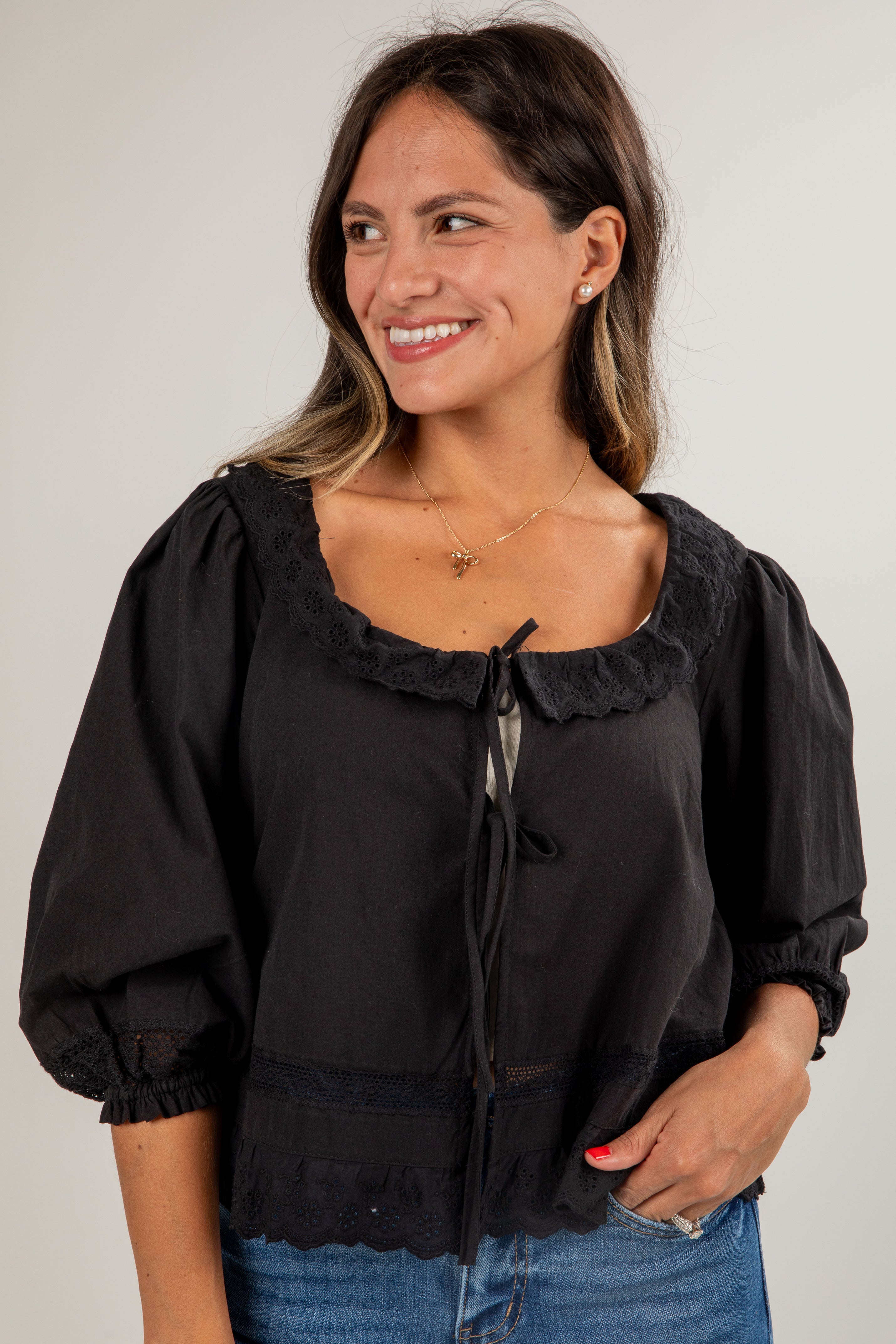 All My Dreams Black Eyelet Tie Blouse