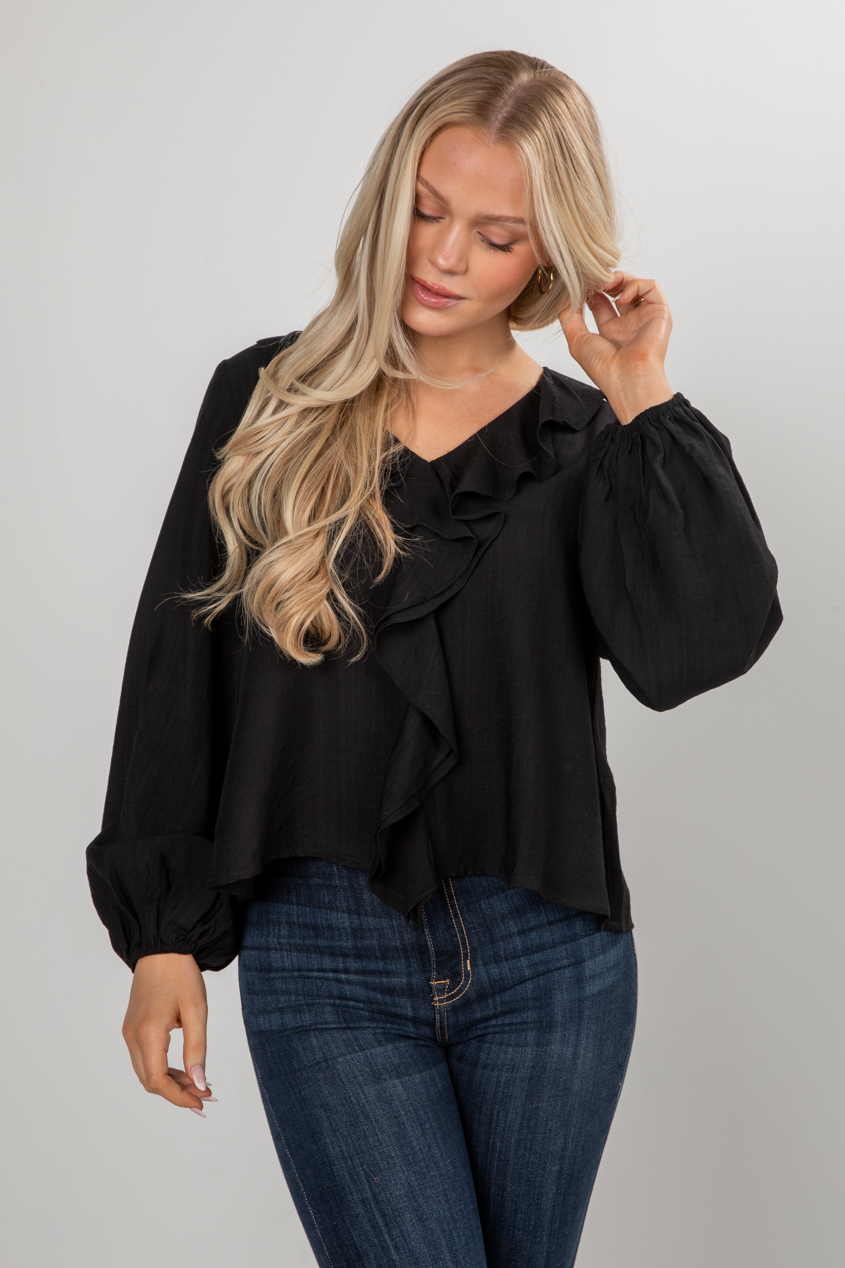 Midnight Waltz Ruffle Black Blouse - DU Deal