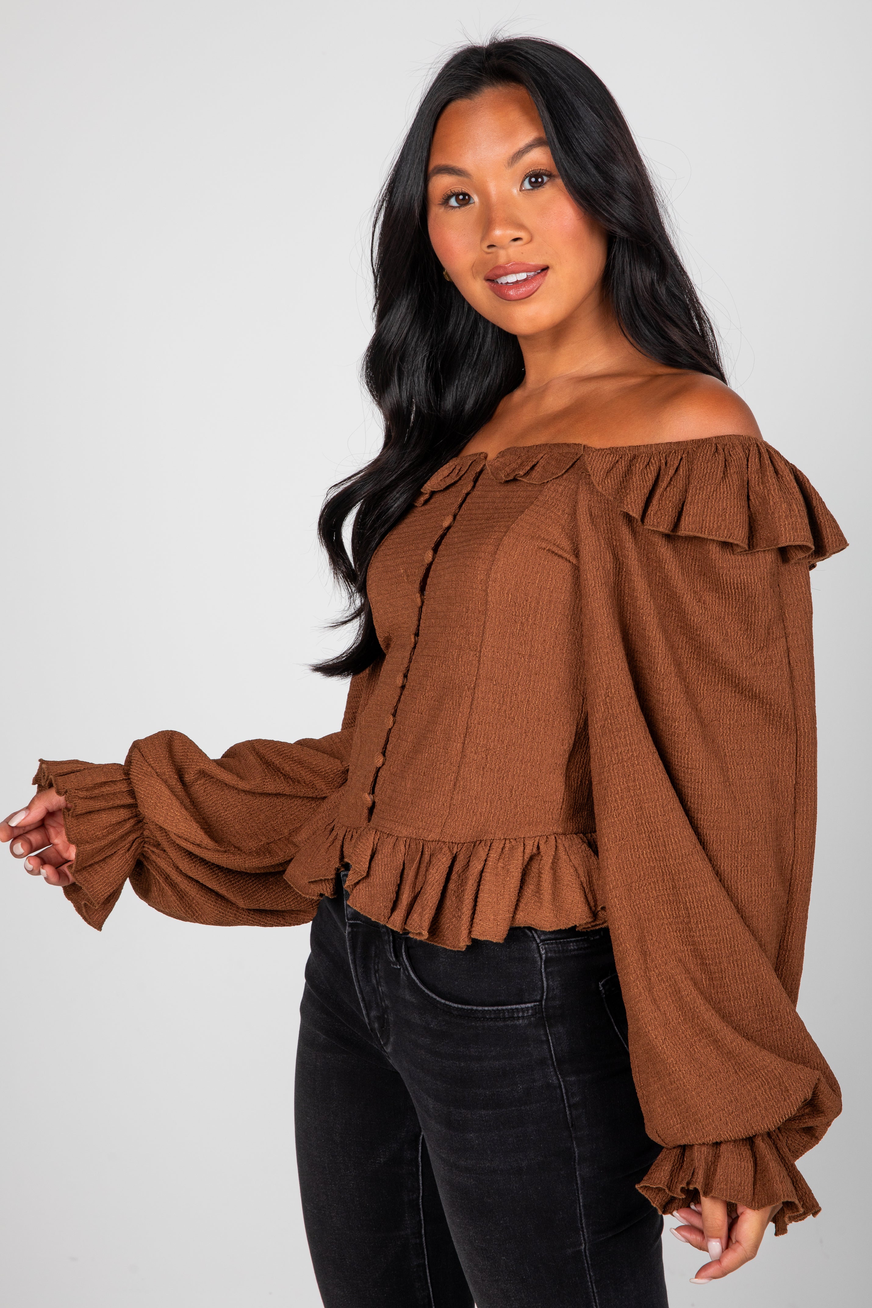 Share Your Story Brown Ruffle Blouse
