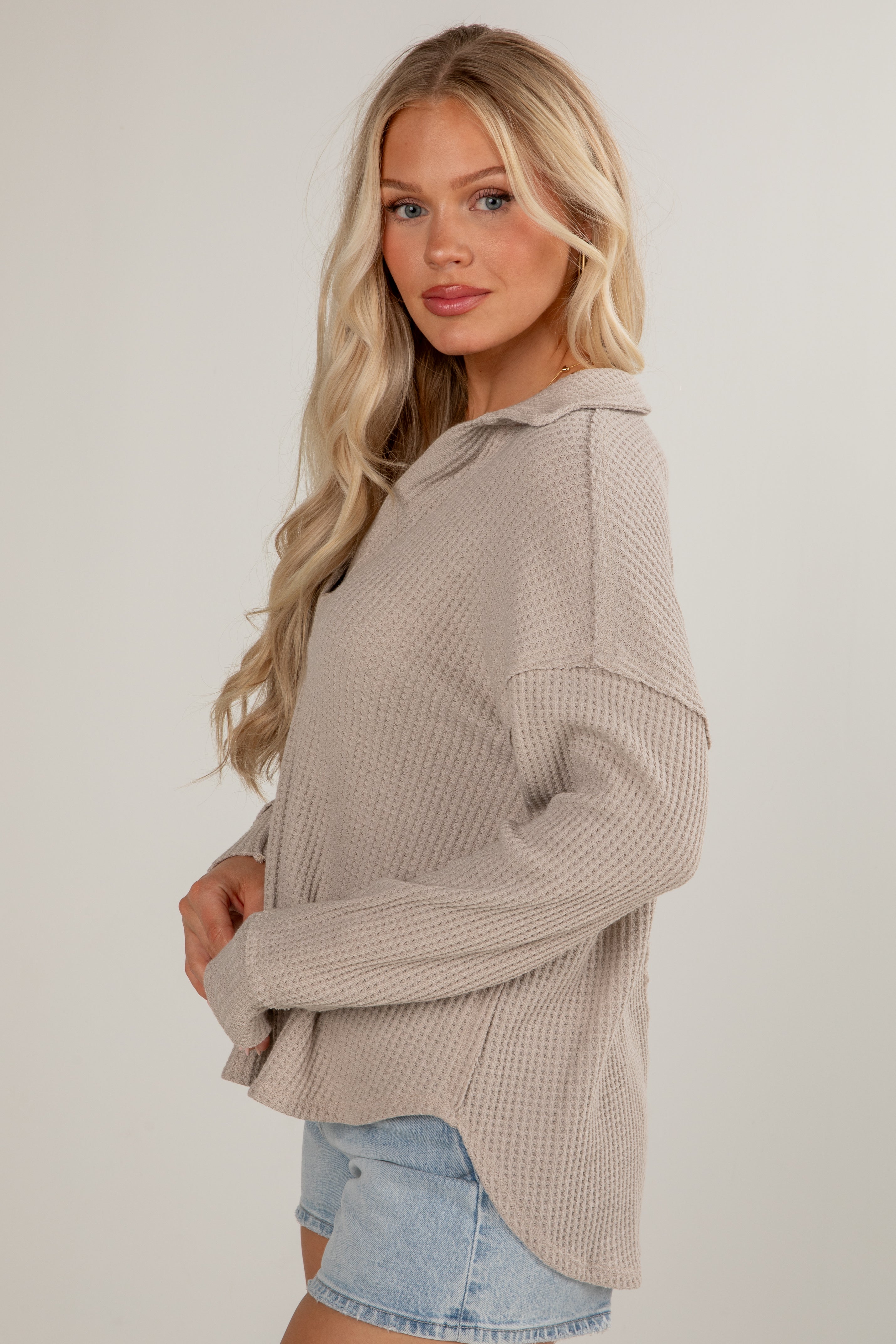 Casual Coziness Collared Waffle Knit Top