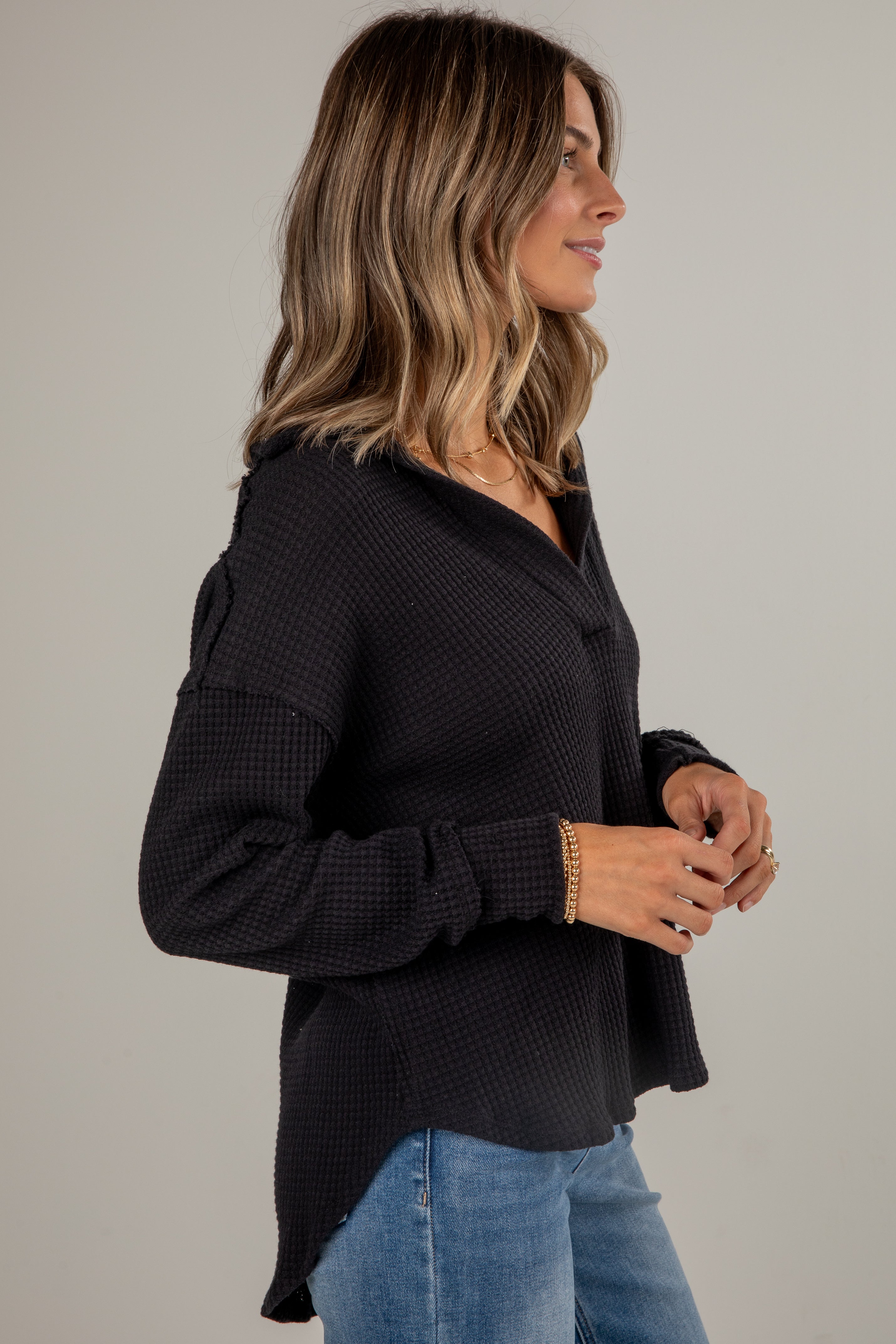 Casual Coziness Collared Waffle Knit Top