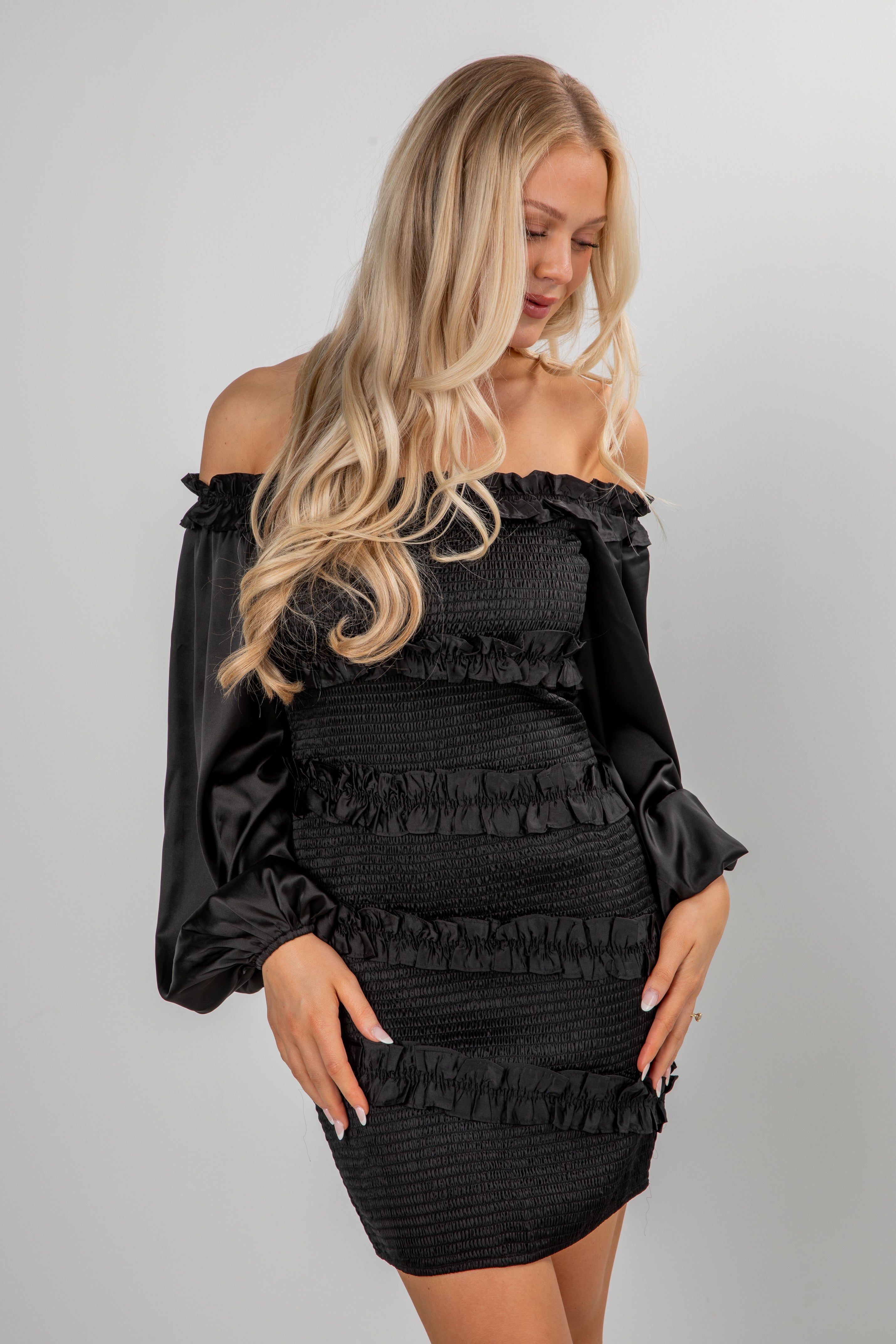 Dramatic Instincts Black Satin Smocked Ruffle Mini Dress