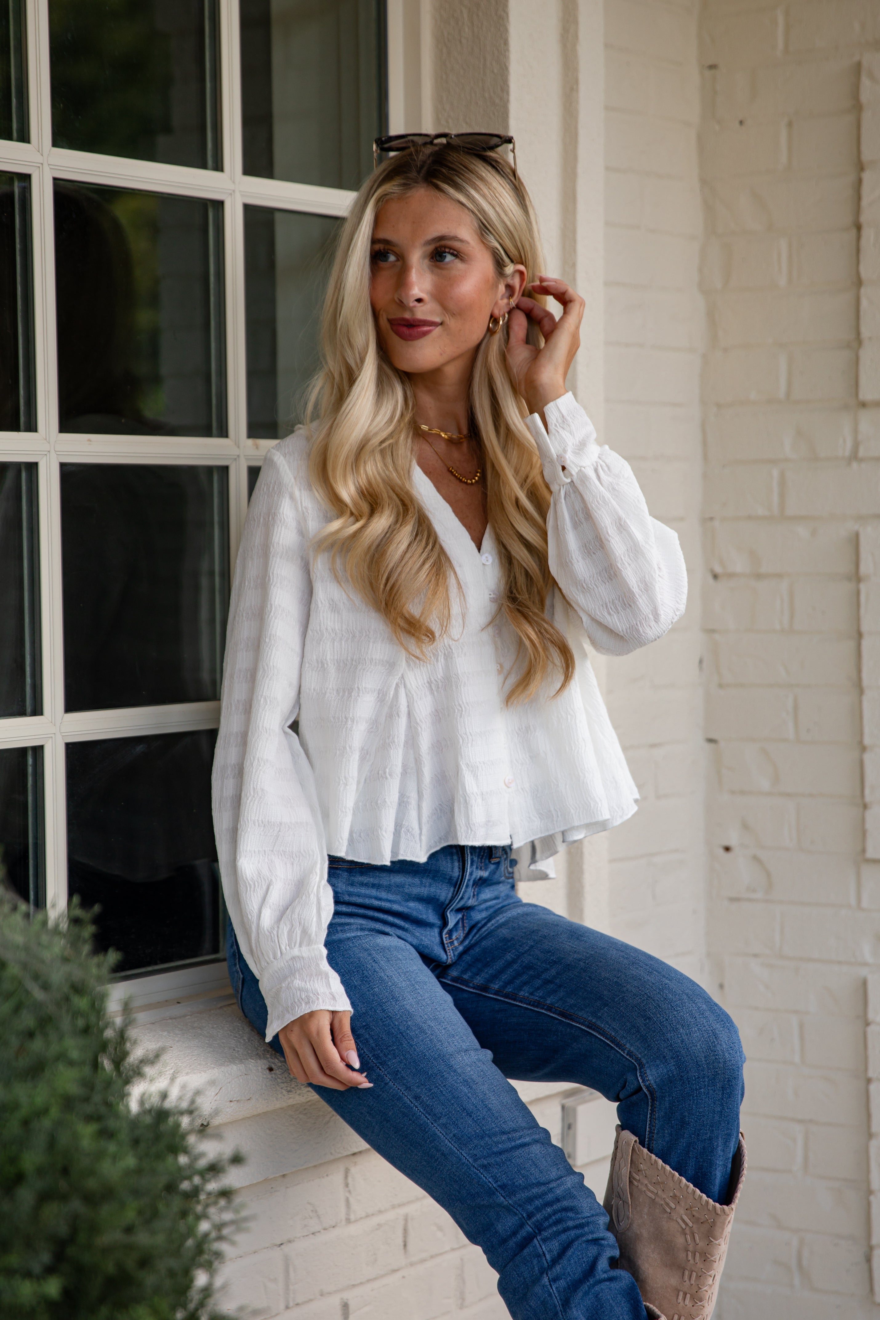 Moment In Time White Textured Blouse